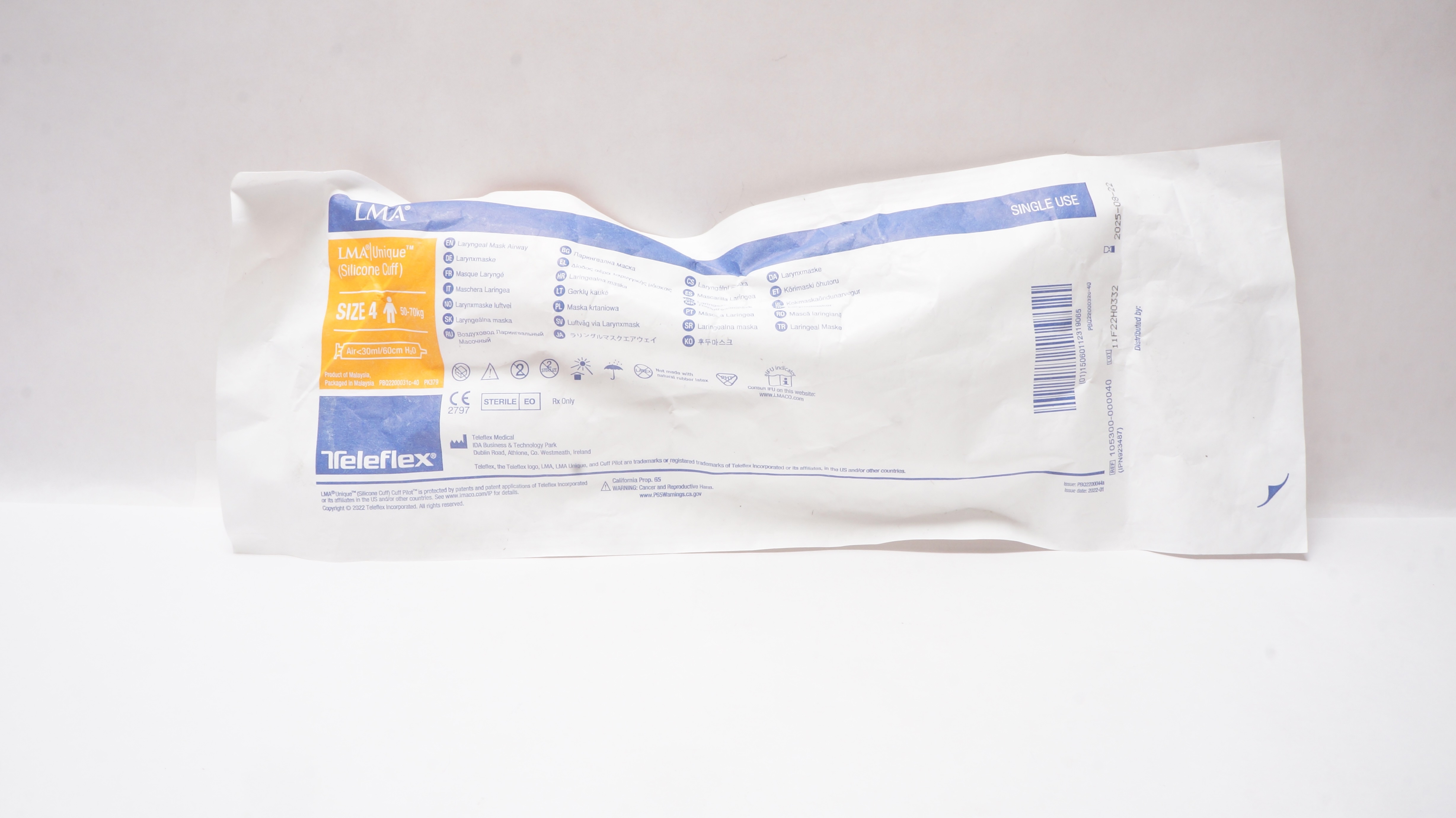 Teleflex 105300-000040 Laryngeal Mask Airway, Size 4 50-70kg <30mL/60cm H2O