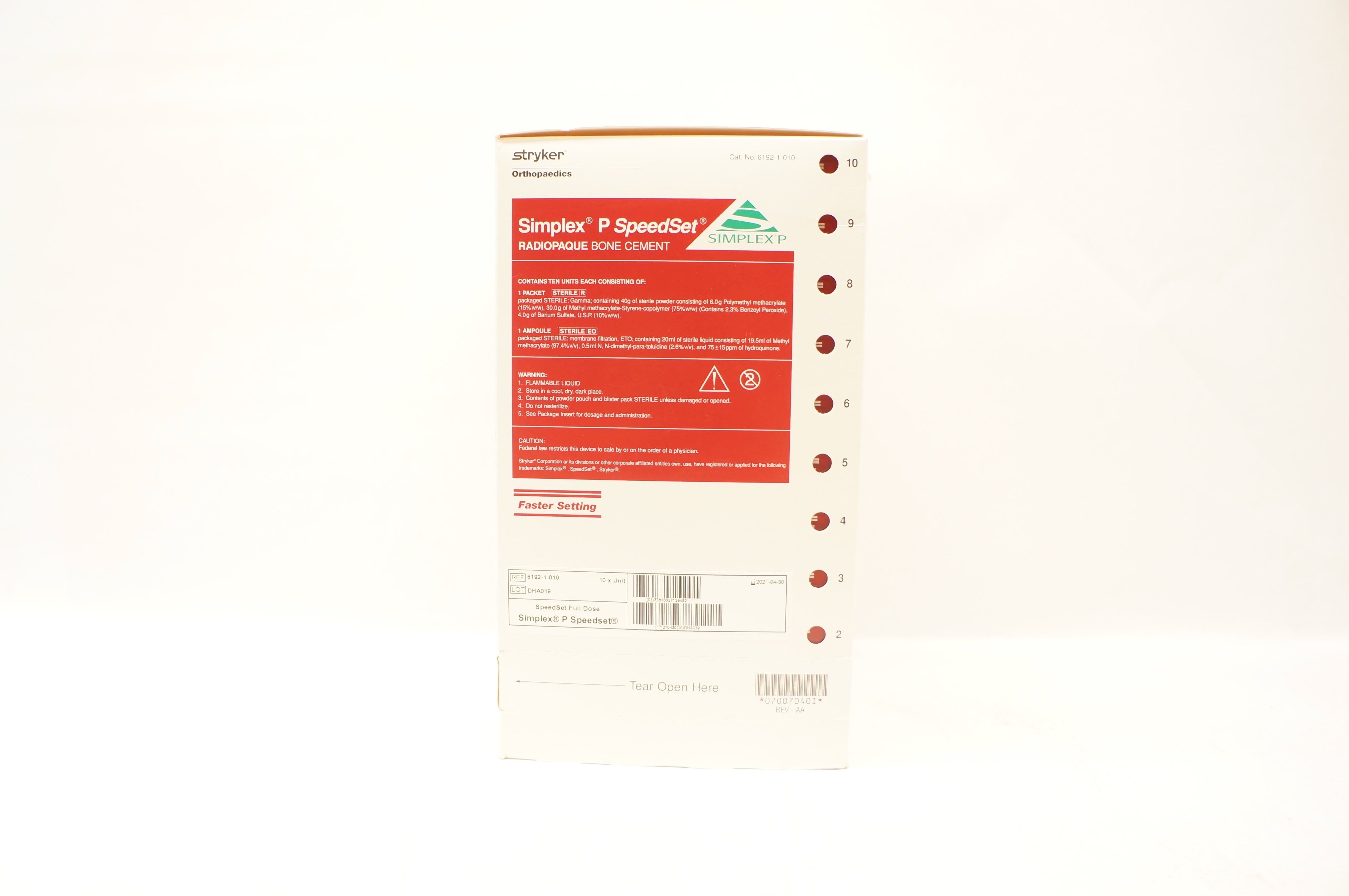 Stryker 6192-1-010 Simplex P SpeedSet Radiopaque Bone Cement (x) - Box of 10