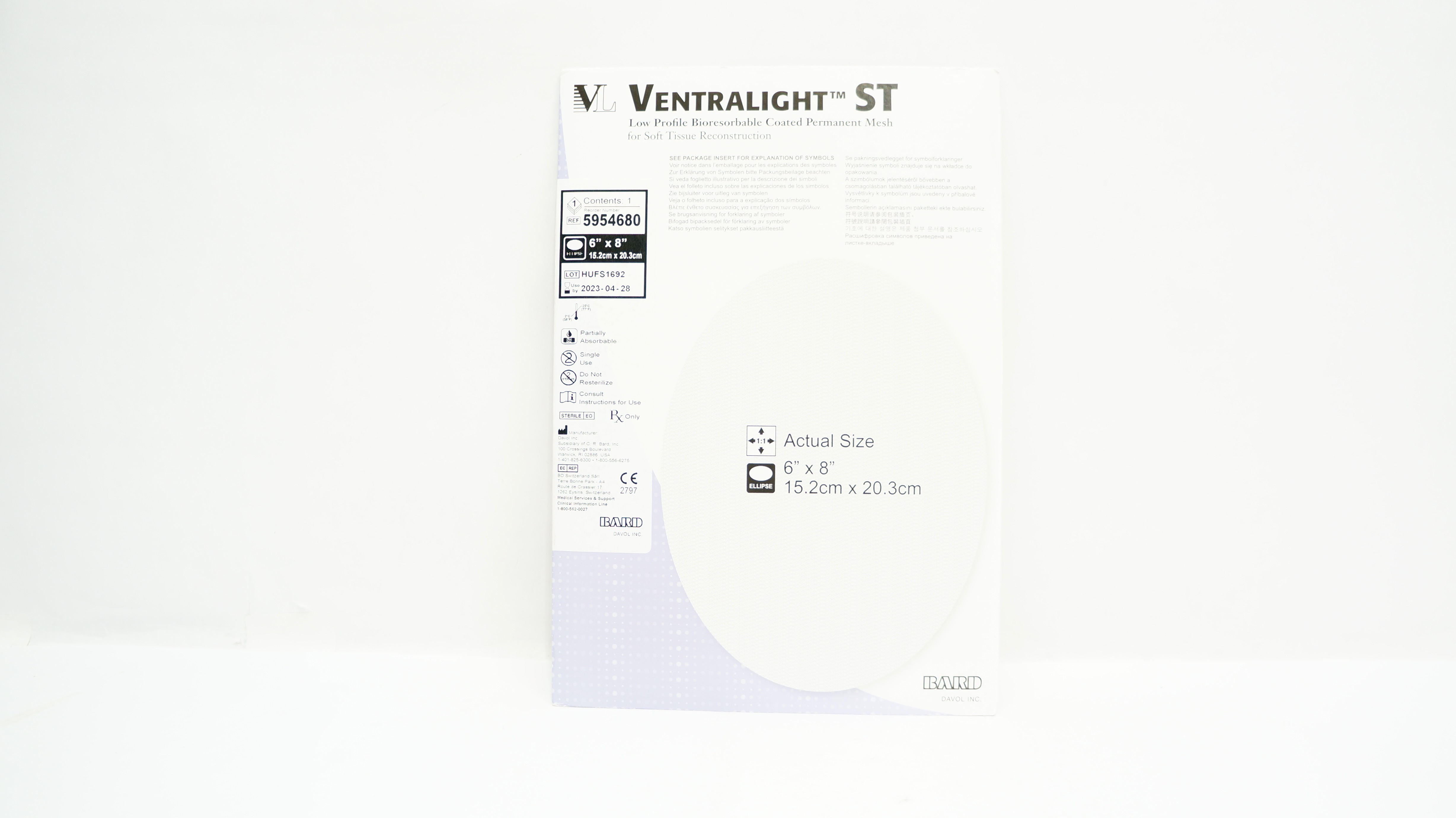 Bard 5954680 Ventralight ST Bioresorbable Coated Permanent Mesh 6 x 8 inch (x)