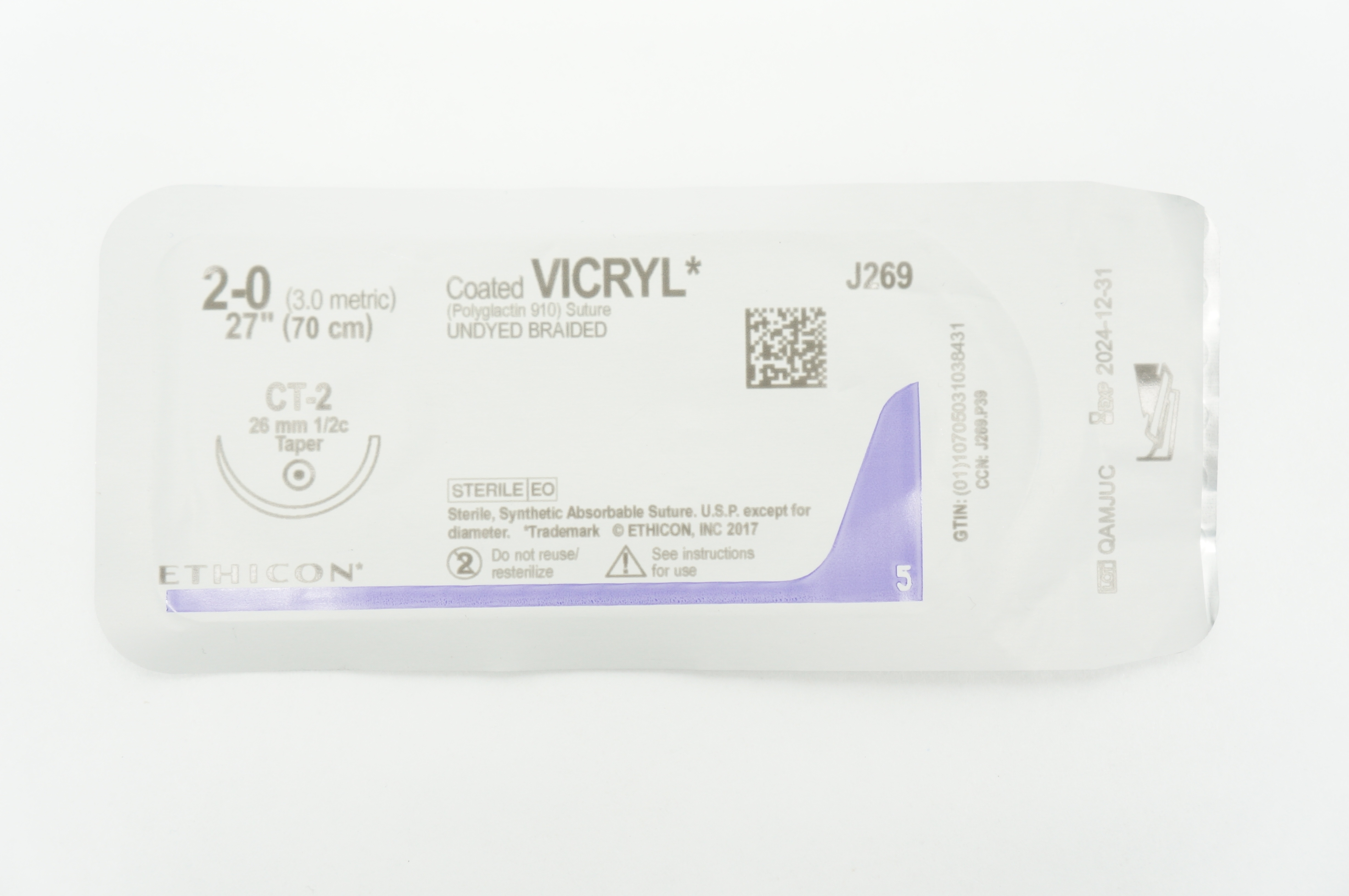 Ethicon J269  2-0 VICRYL CT-2 26mm 1/2c Taper 27inch