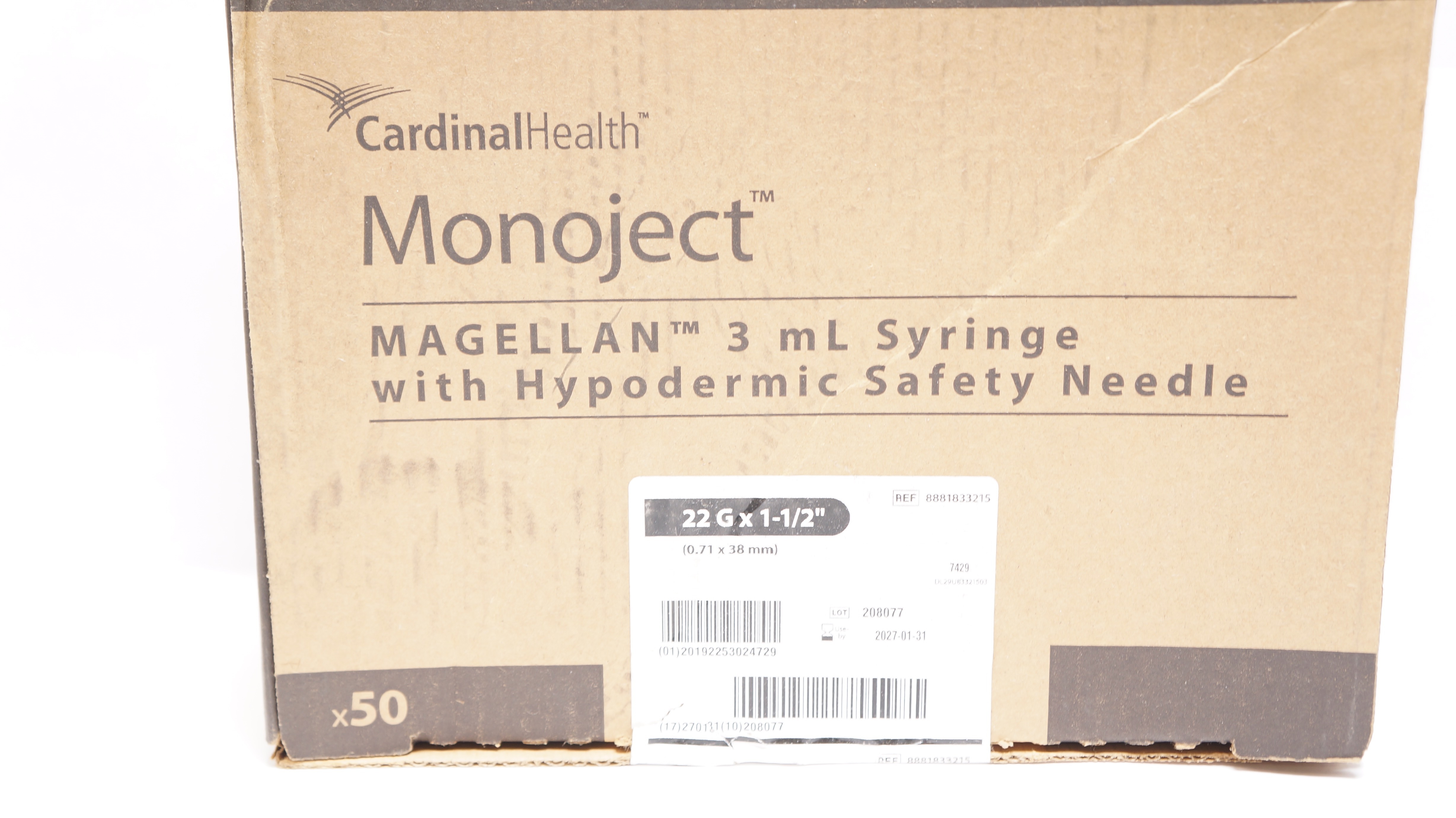 Cardinal Health 8881833215 Monoject 3mL Syringe w/Ndle 22Gx1-1/2inch- Case of 50
