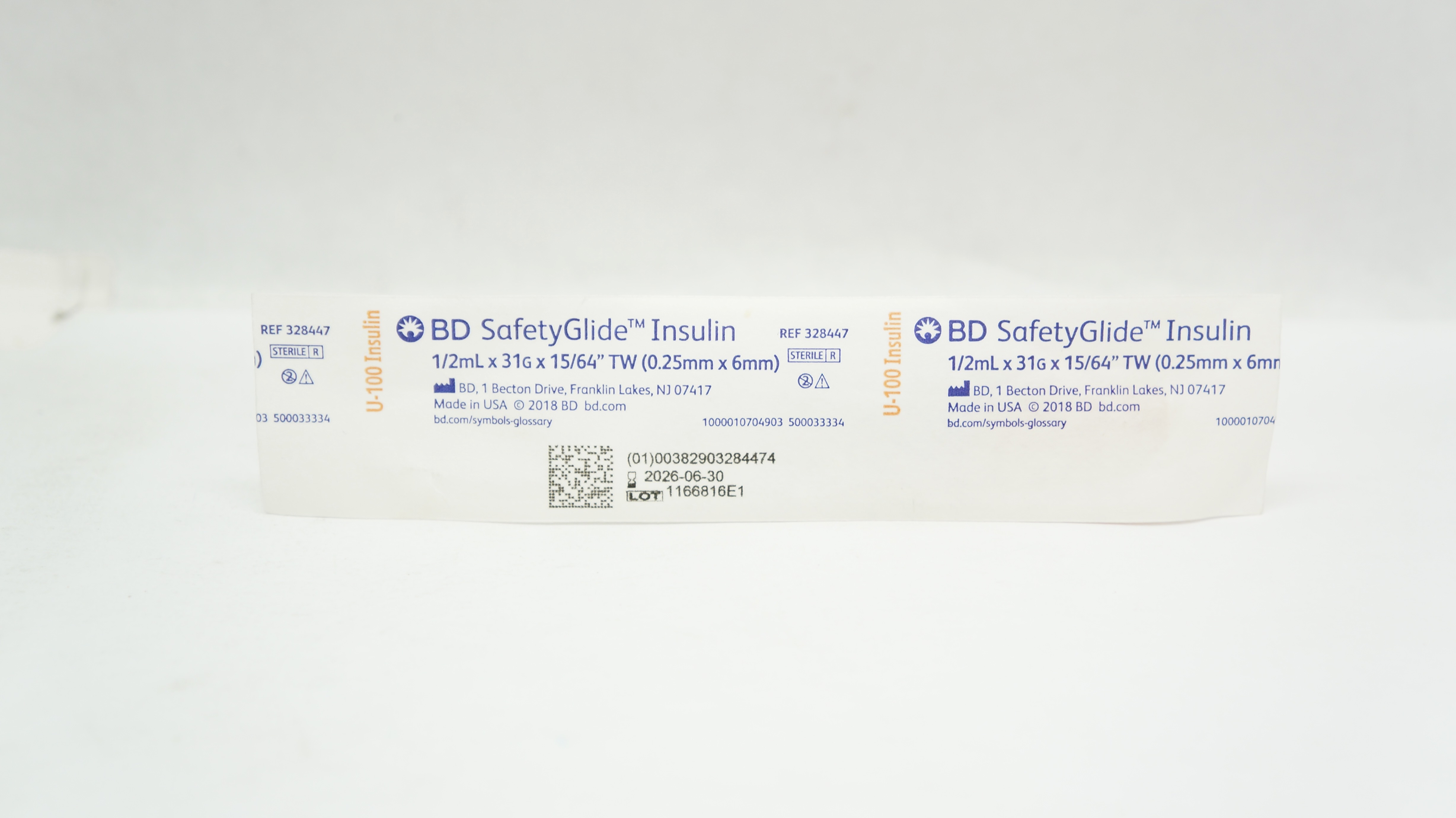 BD 328447 SafetyGlide U-100Insulin 1/2mL x 31G x 15/64inch TW