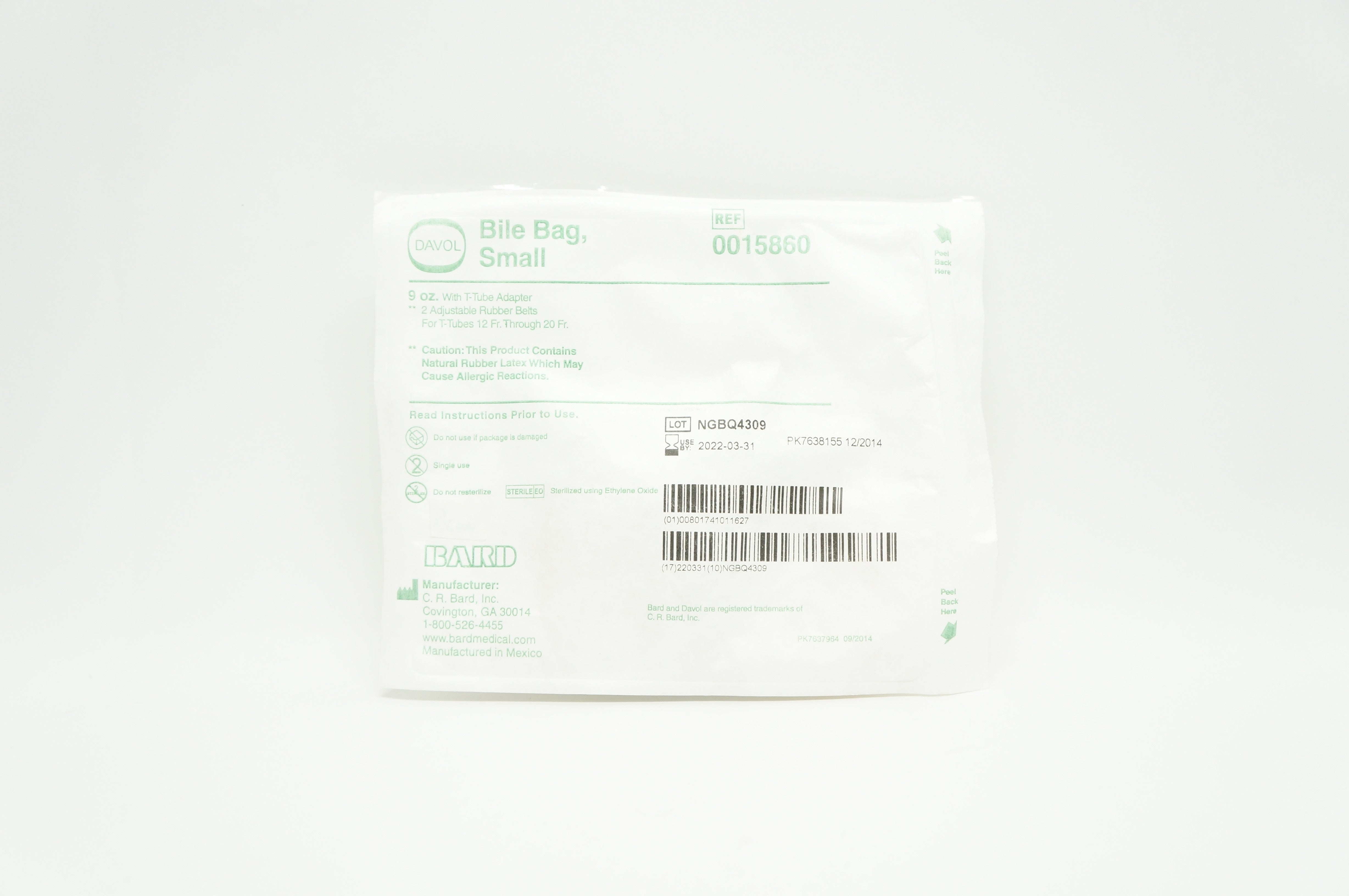 Bard 0015860 Davol Bile Bag Small 9oz  with T-Tube Adapter (x)