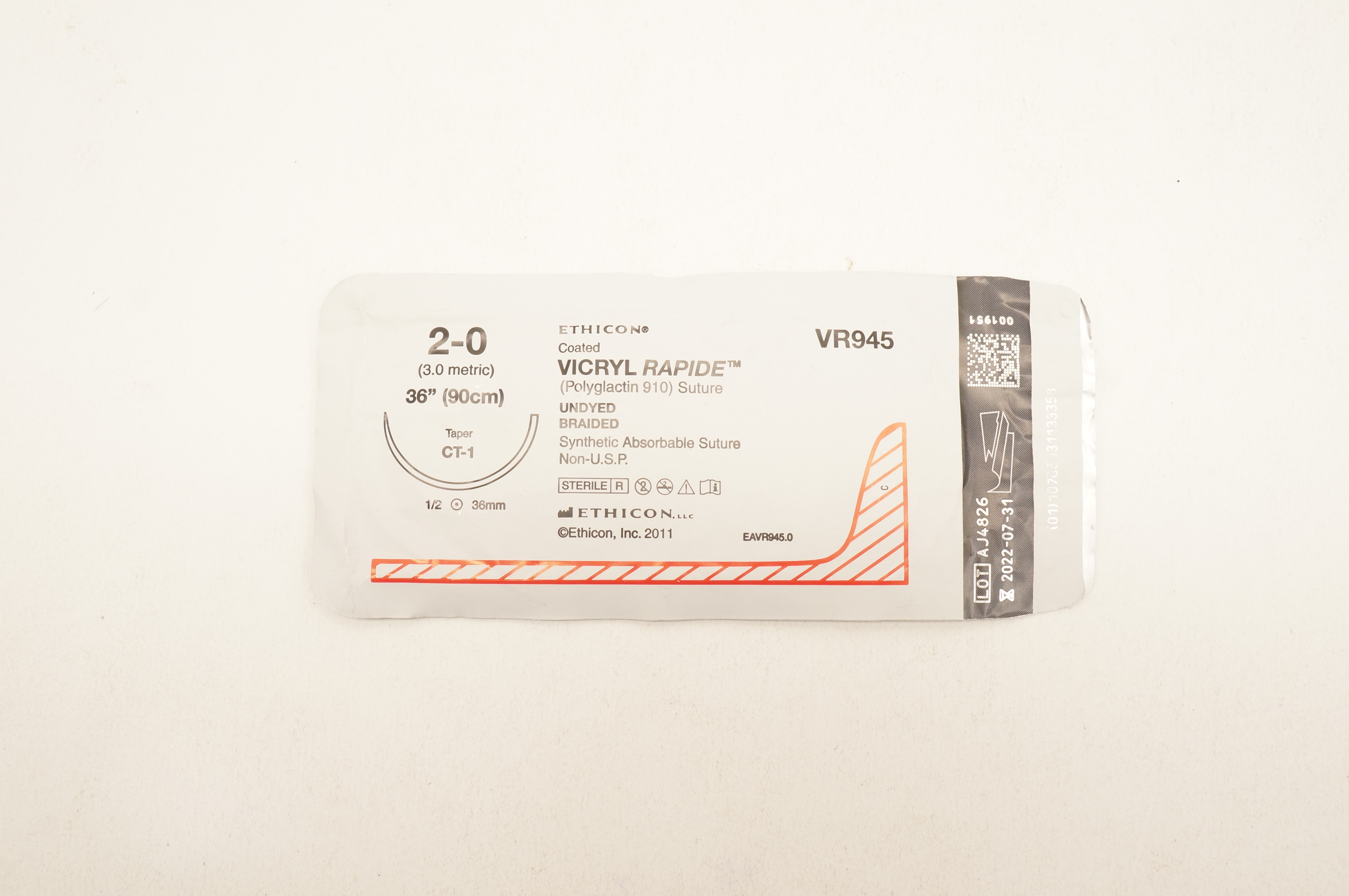 Ethicon VR945 2-0 VICRYL RAPIDE CT-1 36mm 1/2c Taper 36inch