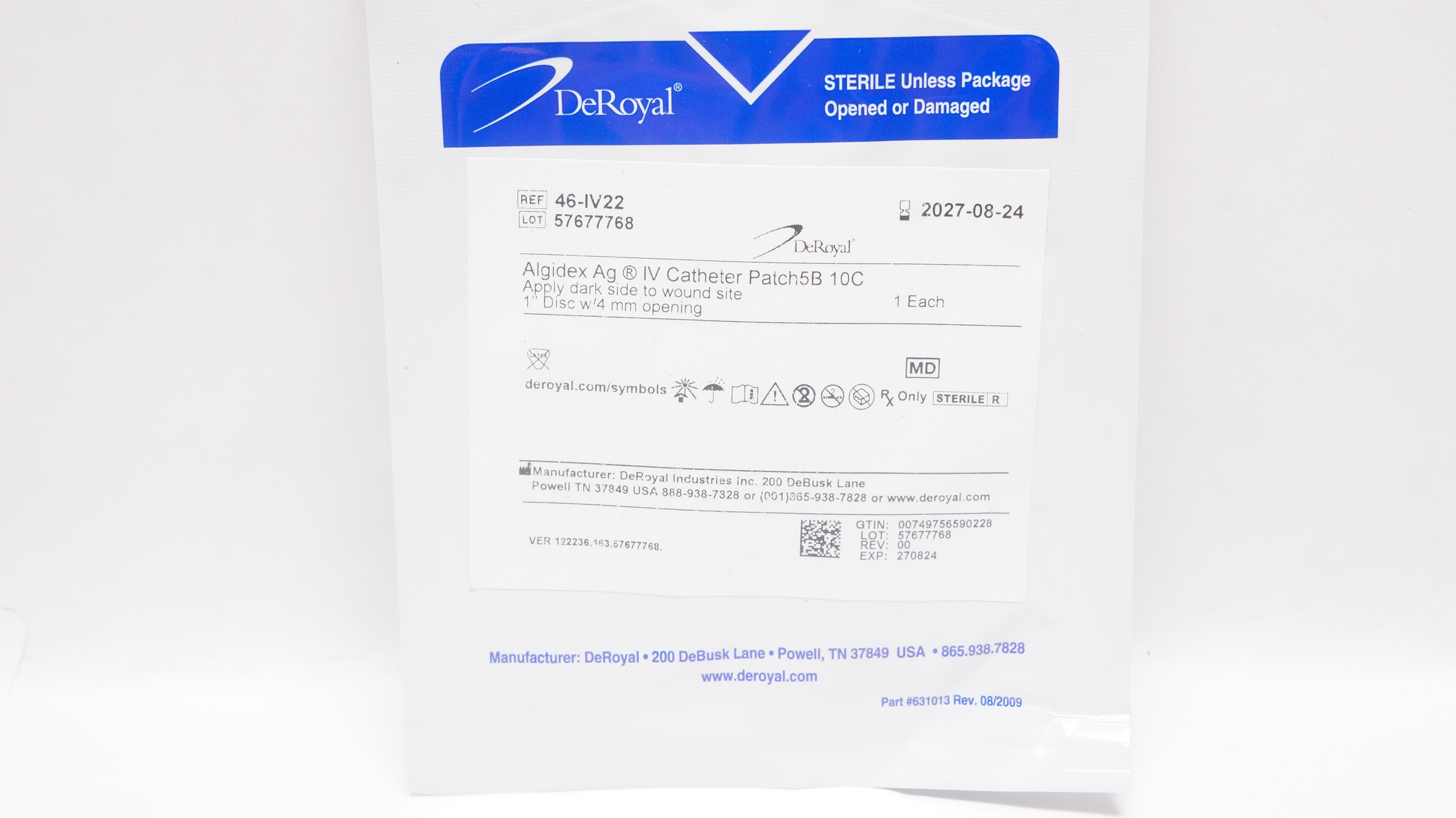 DeRoyal 46-IV22 Algidex AG IV Cath. Patch5B 10C