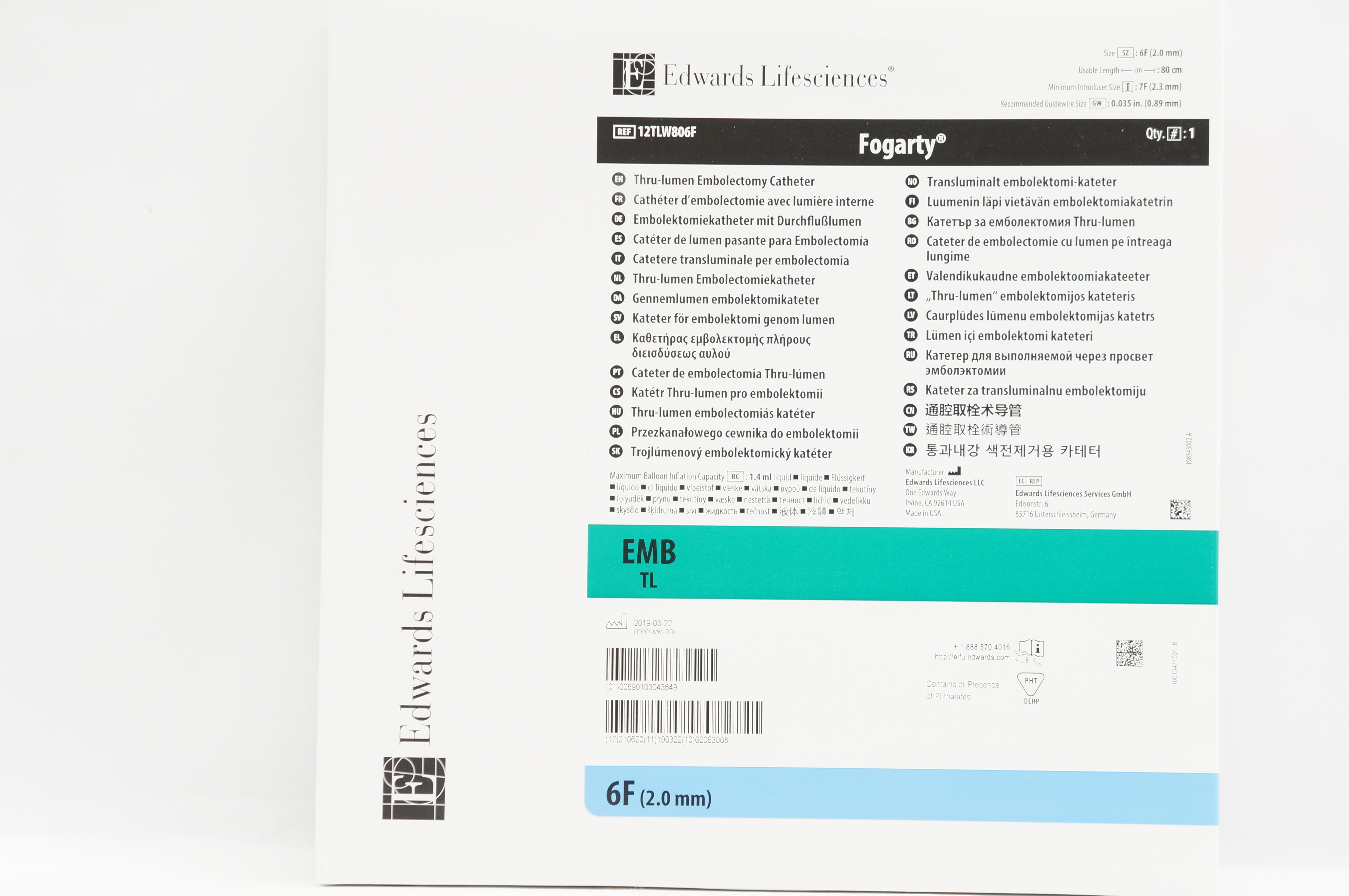 Edwards Lifesciences 12TLW806F Fogarty Thru-Lumen Embolectomy Cath.EMB TL 6F (x)