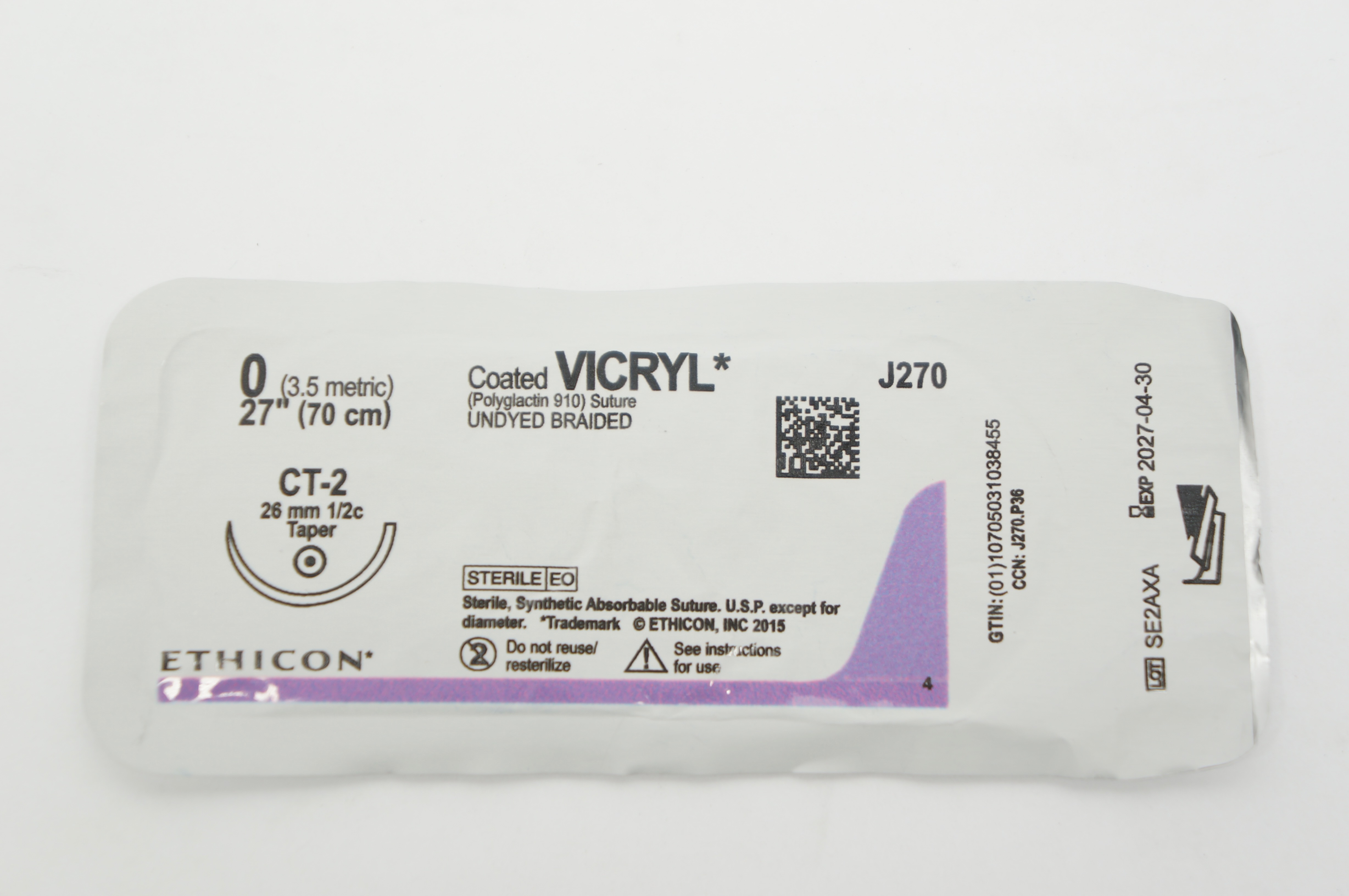 Ethicon J270 0 Coated VICRYL, CT-2, 26mm 1/2c Taper, 27inch
