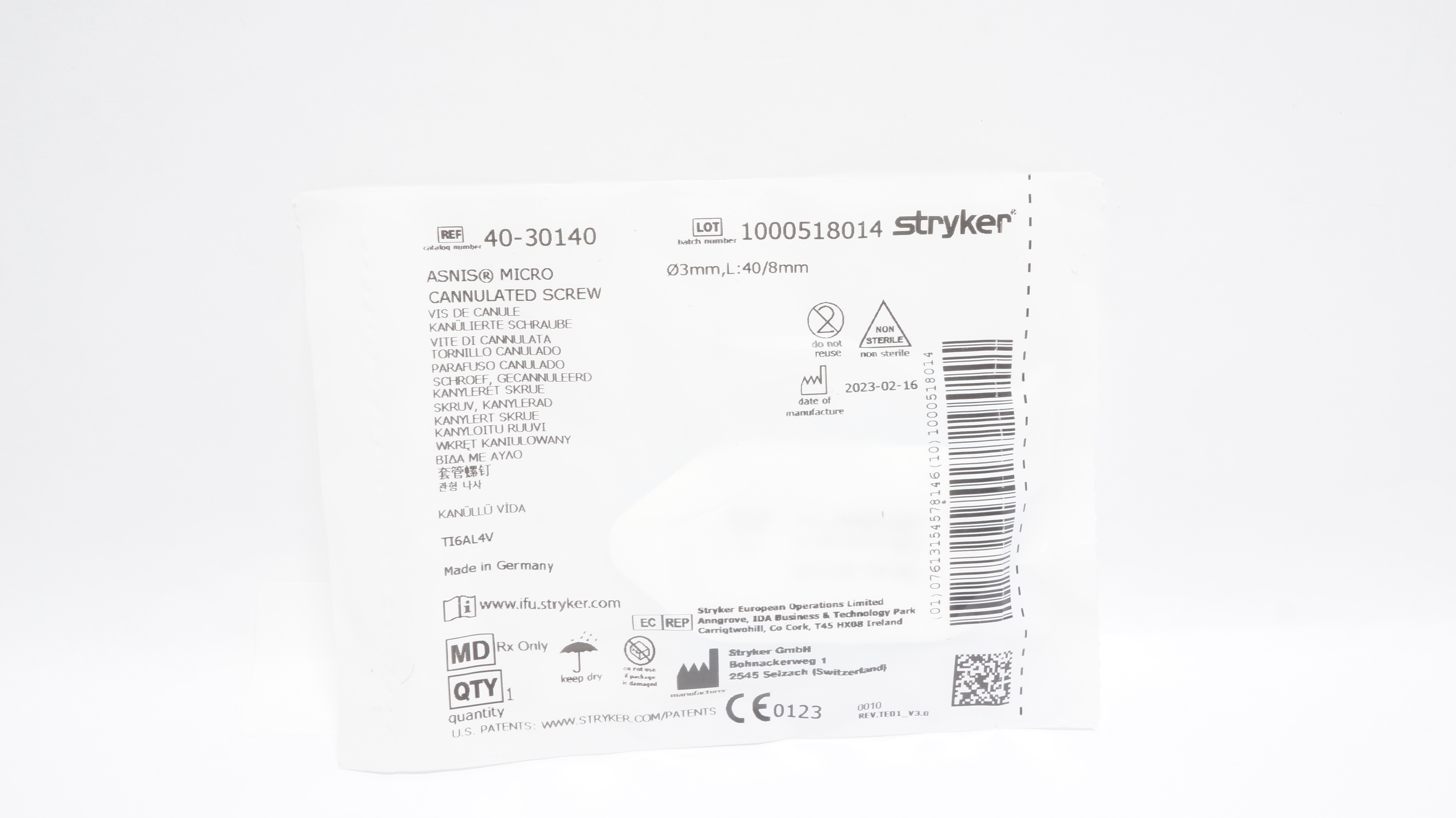 Stryker 40-30140 ASNIS Micro Cannulated Screw 3mm x 40/8mm