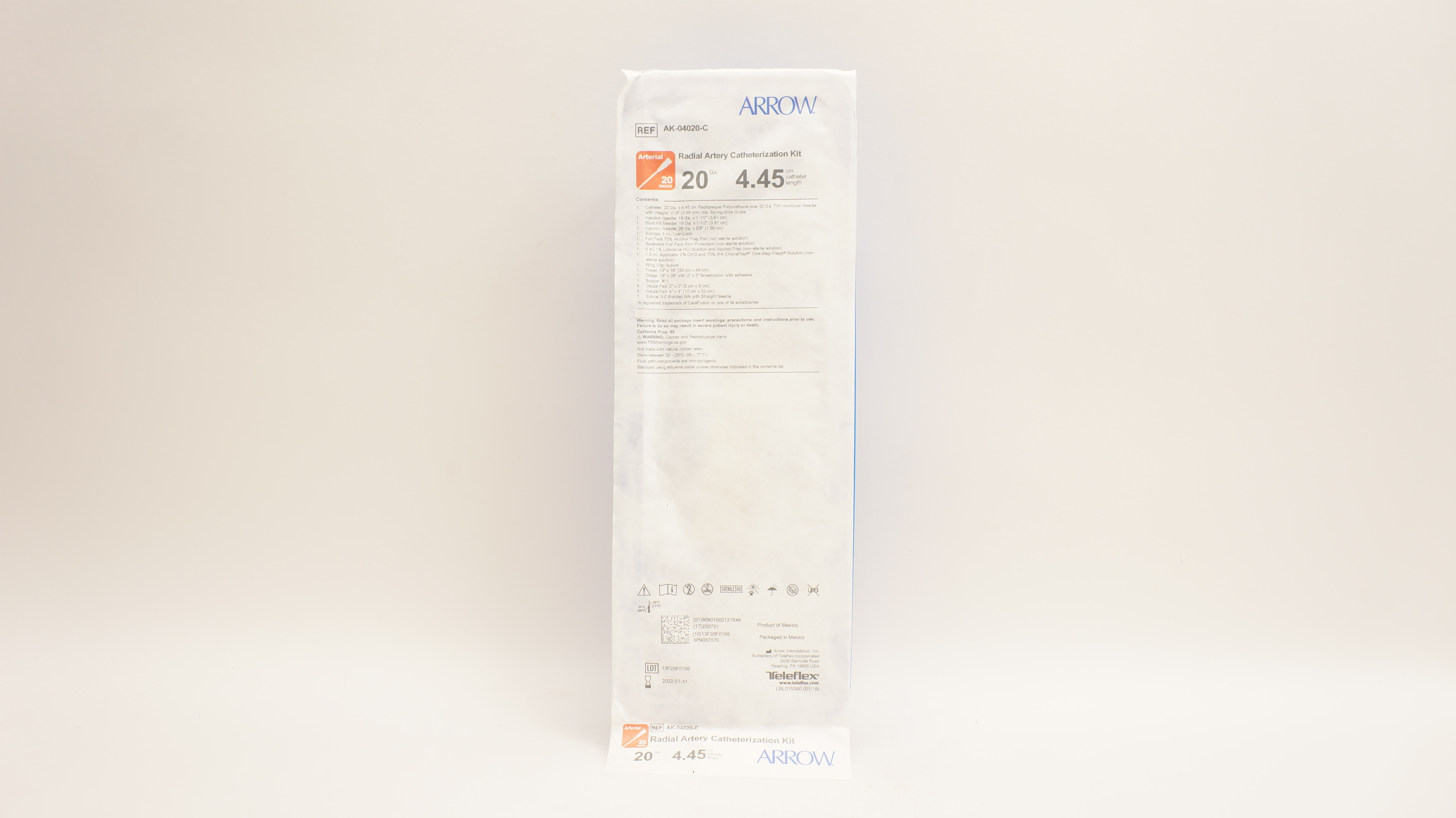 Arrow AK-04020-C Radial Artery Catheterization Kit 20Ga x 4.45cm (x)
