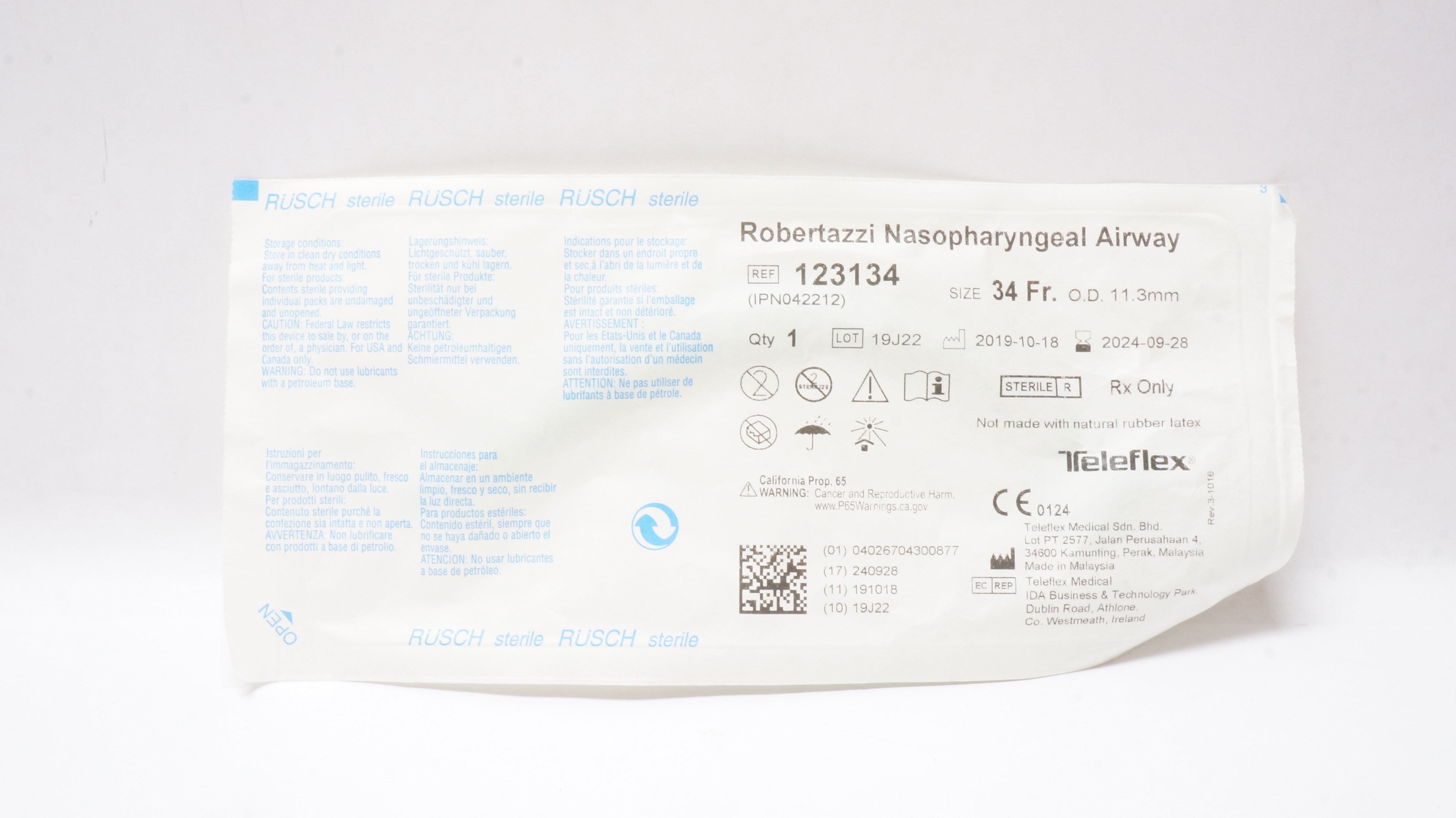 Teleflex 123134 Robertazzi Nasopharyngeal Airway 34Fr x 11.3mm OD