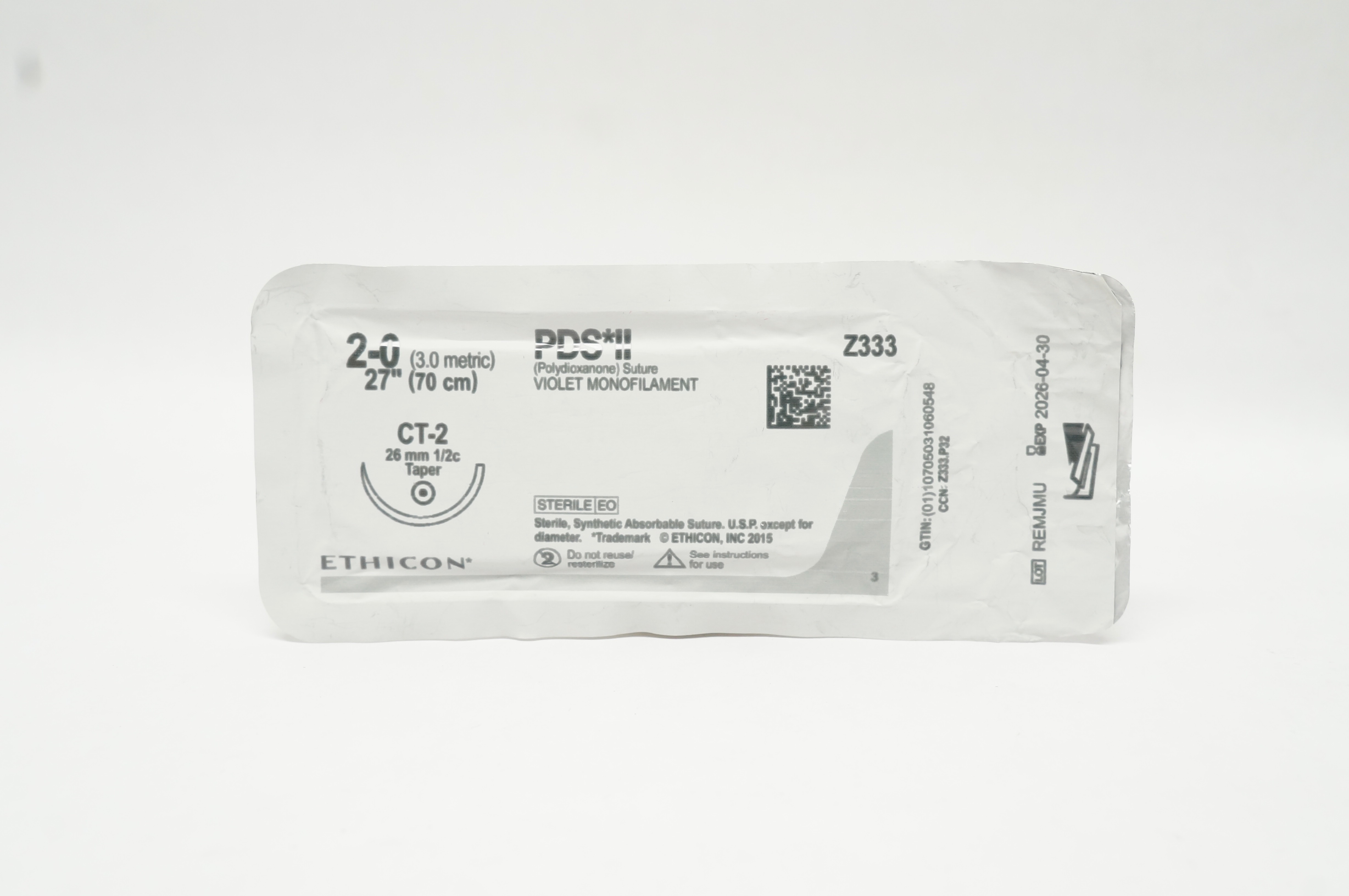 Ethicon Z333 2-0 PDS II Polydioxanone Stre CT-2 26mm 1/2c Taper 27inch