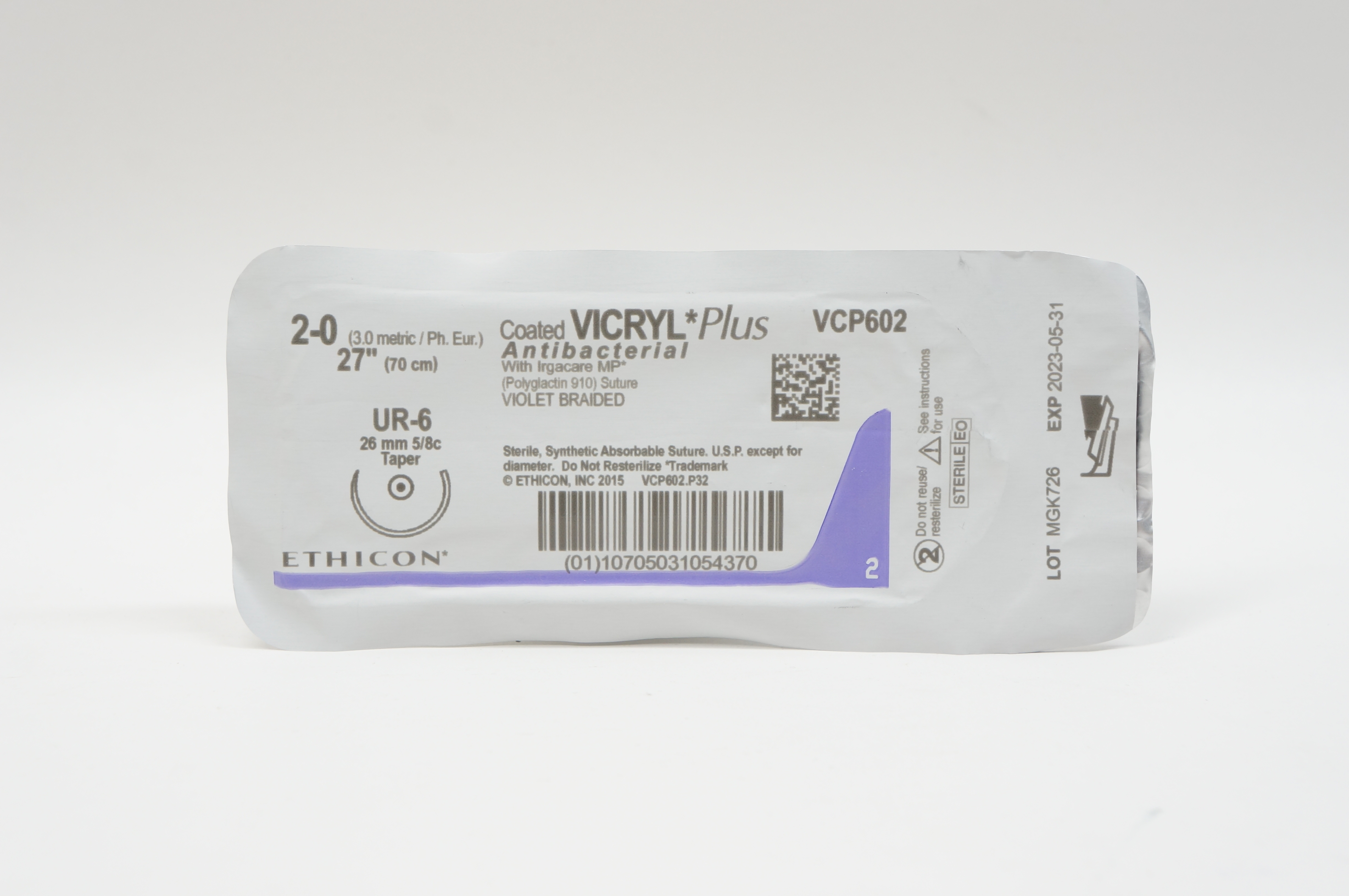 Ethicon VCP602 2-0 VICRYL Plus, UR-6, 26mm 5/8c Taper, 27inch