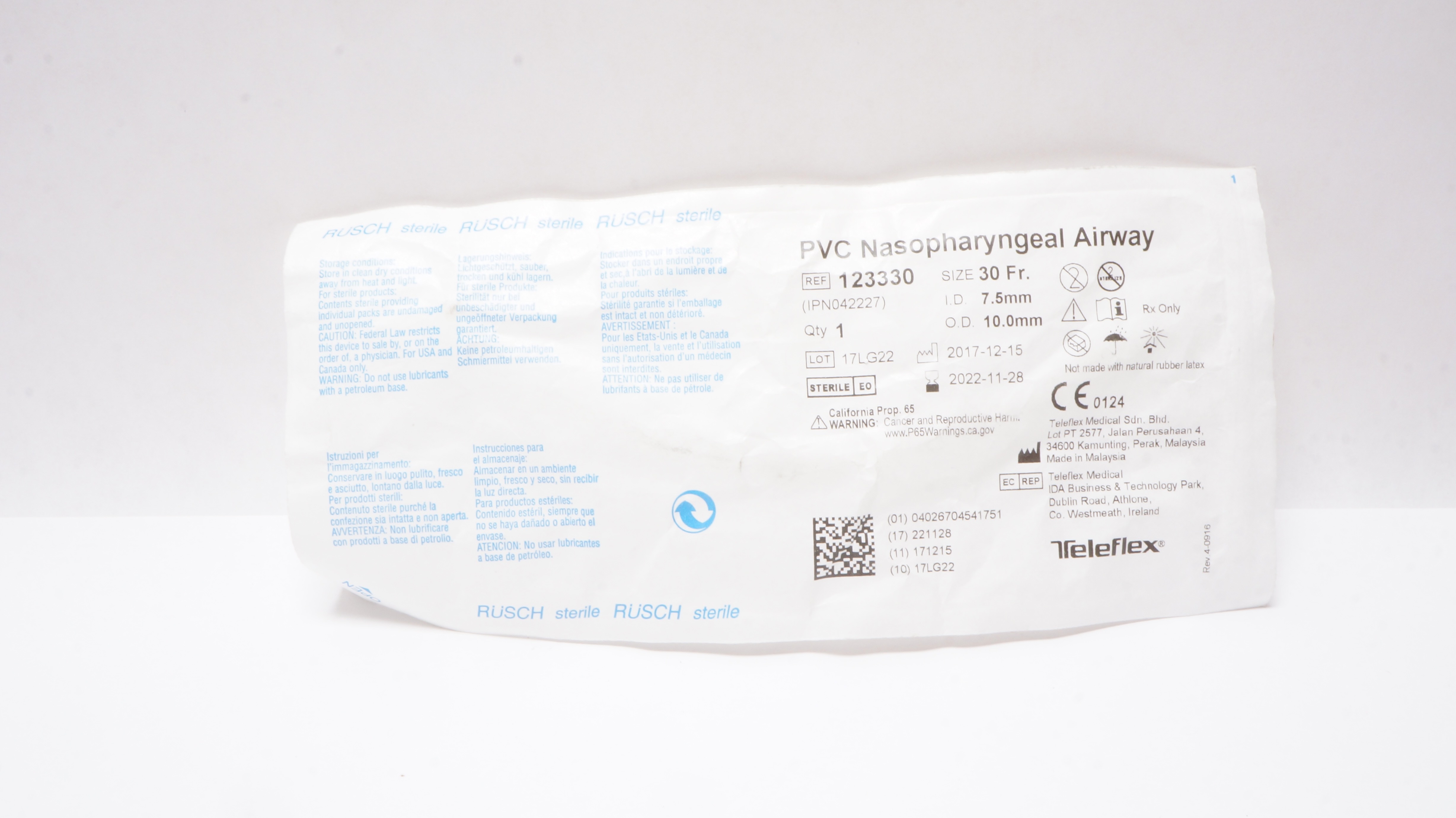 Teleflex 123330 Rusch PVC Nasopharyngeal Airway 30 Fr x 7.5 I.D. x 10.0 O.D. mm