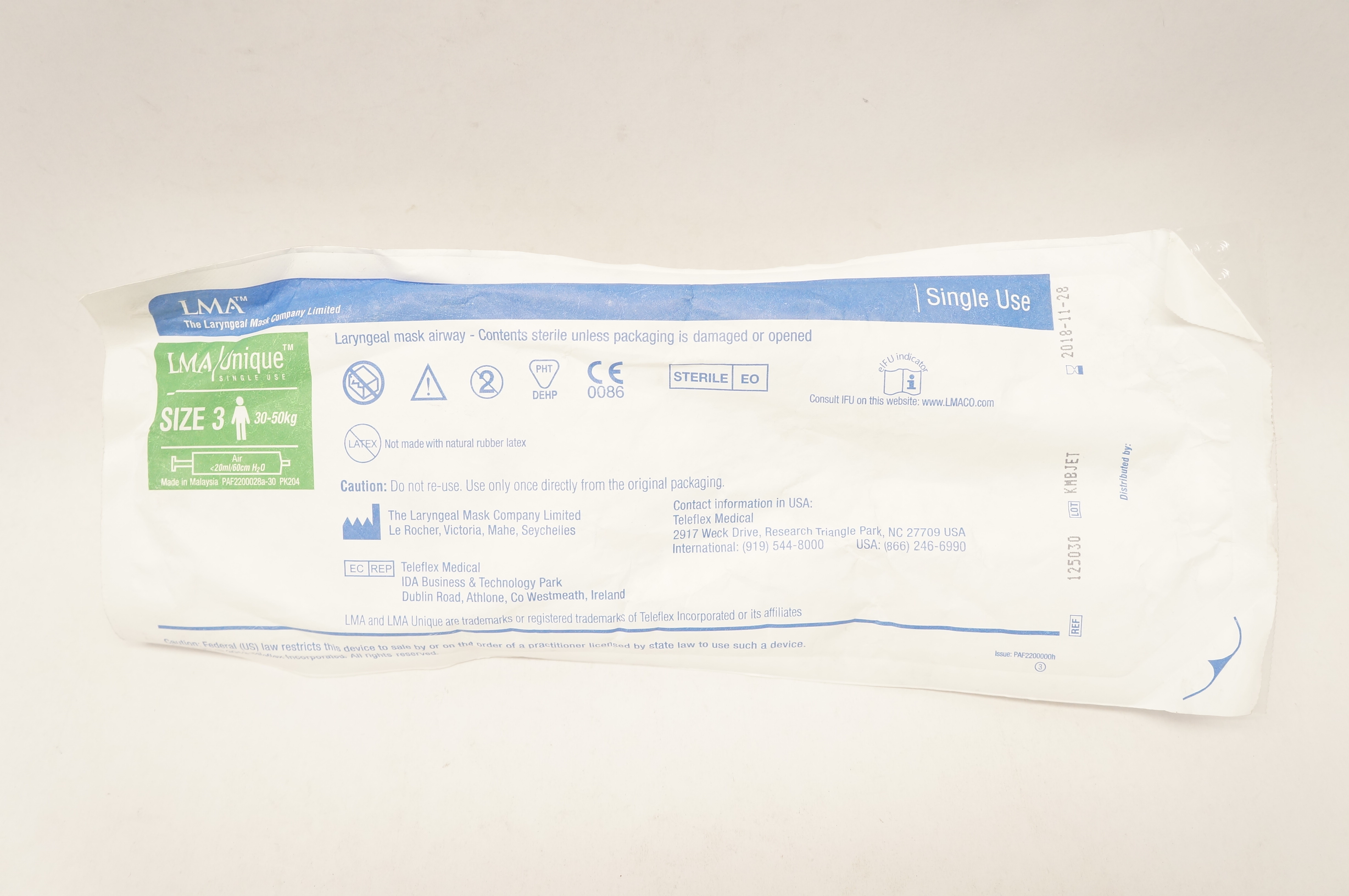 Teleflex 125030 LMA Unique Laryngeal Mask Airway Size 3, 30-50kg (x)