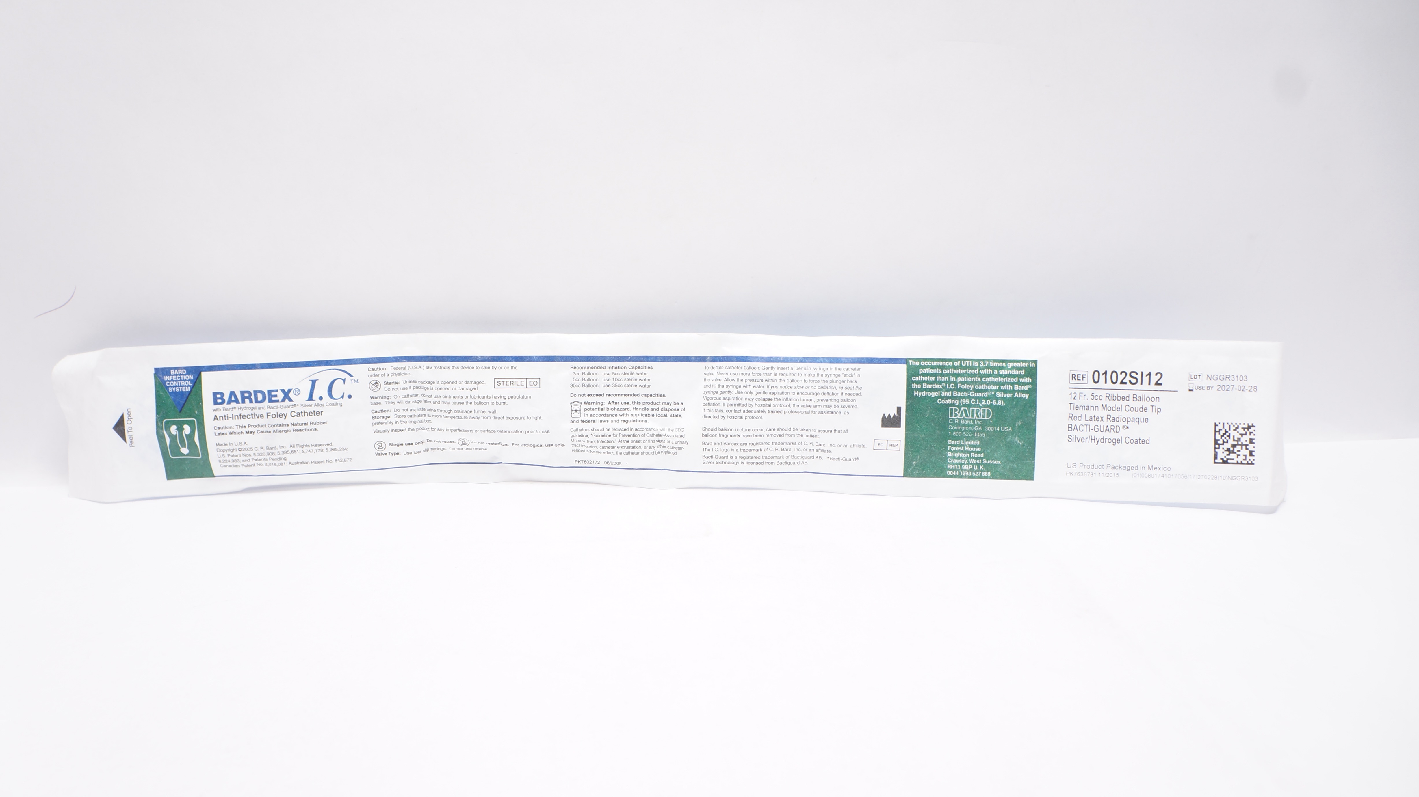 Bard 0102SI12 Bardex I.C. Anti-Infective Foley Cath.12Fr 5cc Ribbed Balloon