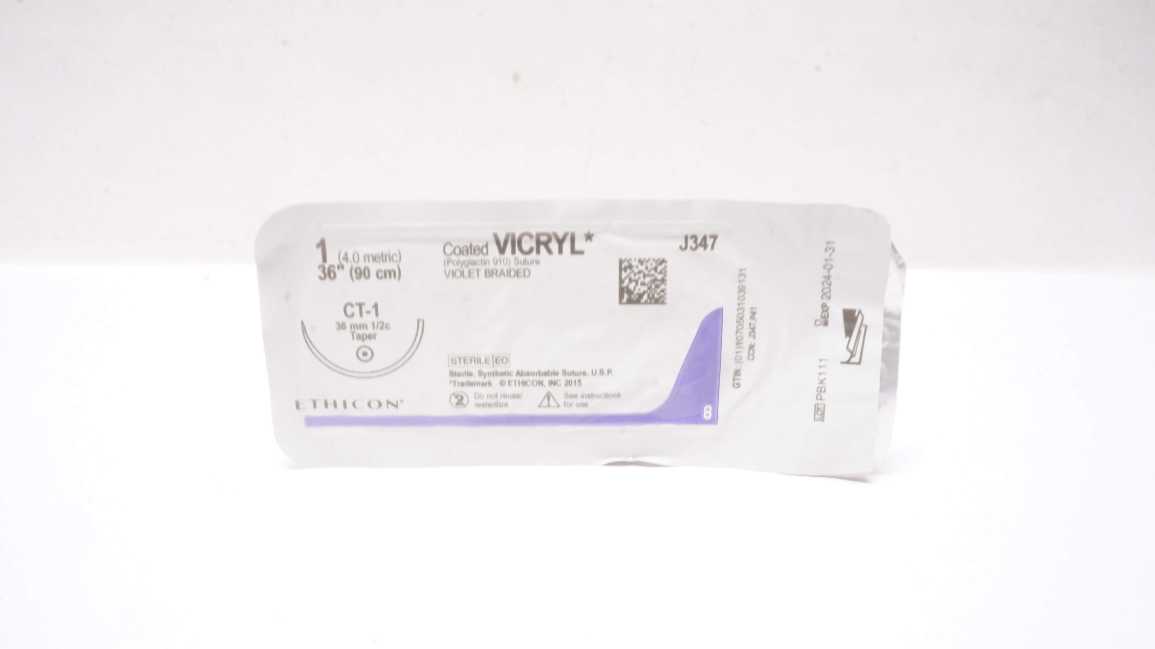 Ethicon J347 1 Coated VICRYL Braided Stre CT-1 36mm 1/2c Taper 36inch
