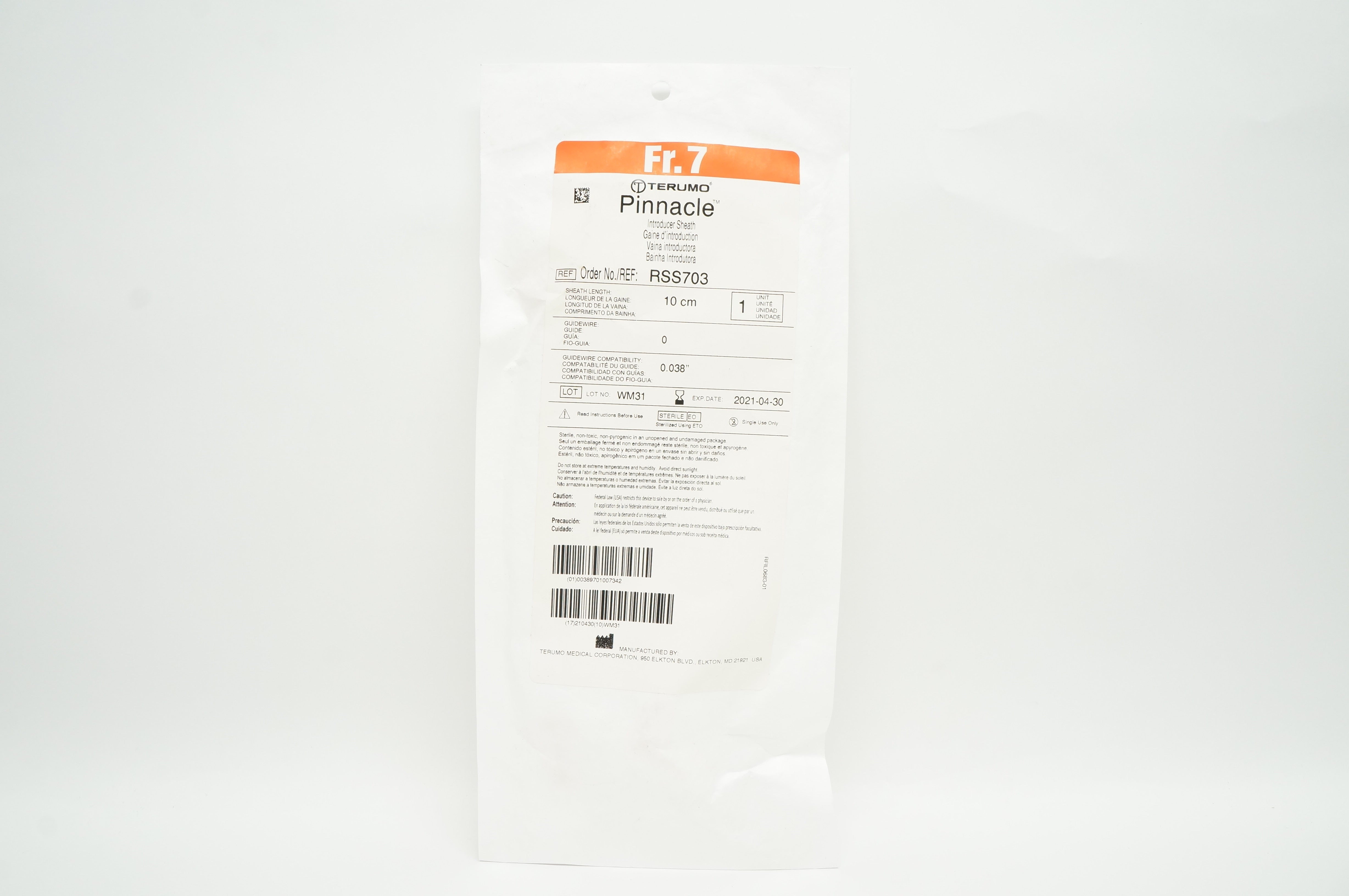 Terumo RSS703 Pinnacle Introducer Sheath 7Fr. x 10cm x 0.038inch (x)
