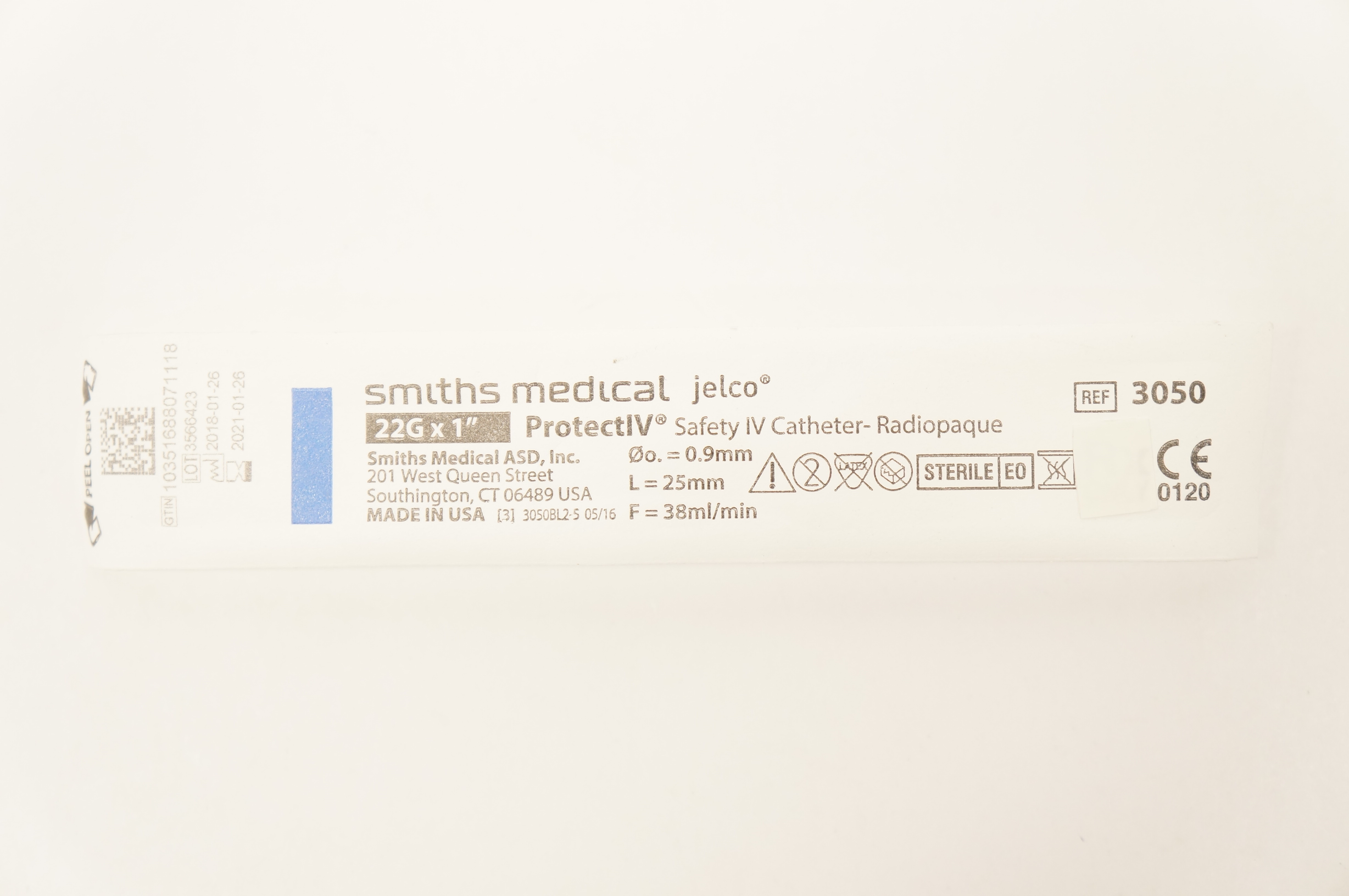Smiths Medical 3050 JELCO ProtectIV Safety I.V. Cath. 22G x 1inch (x)