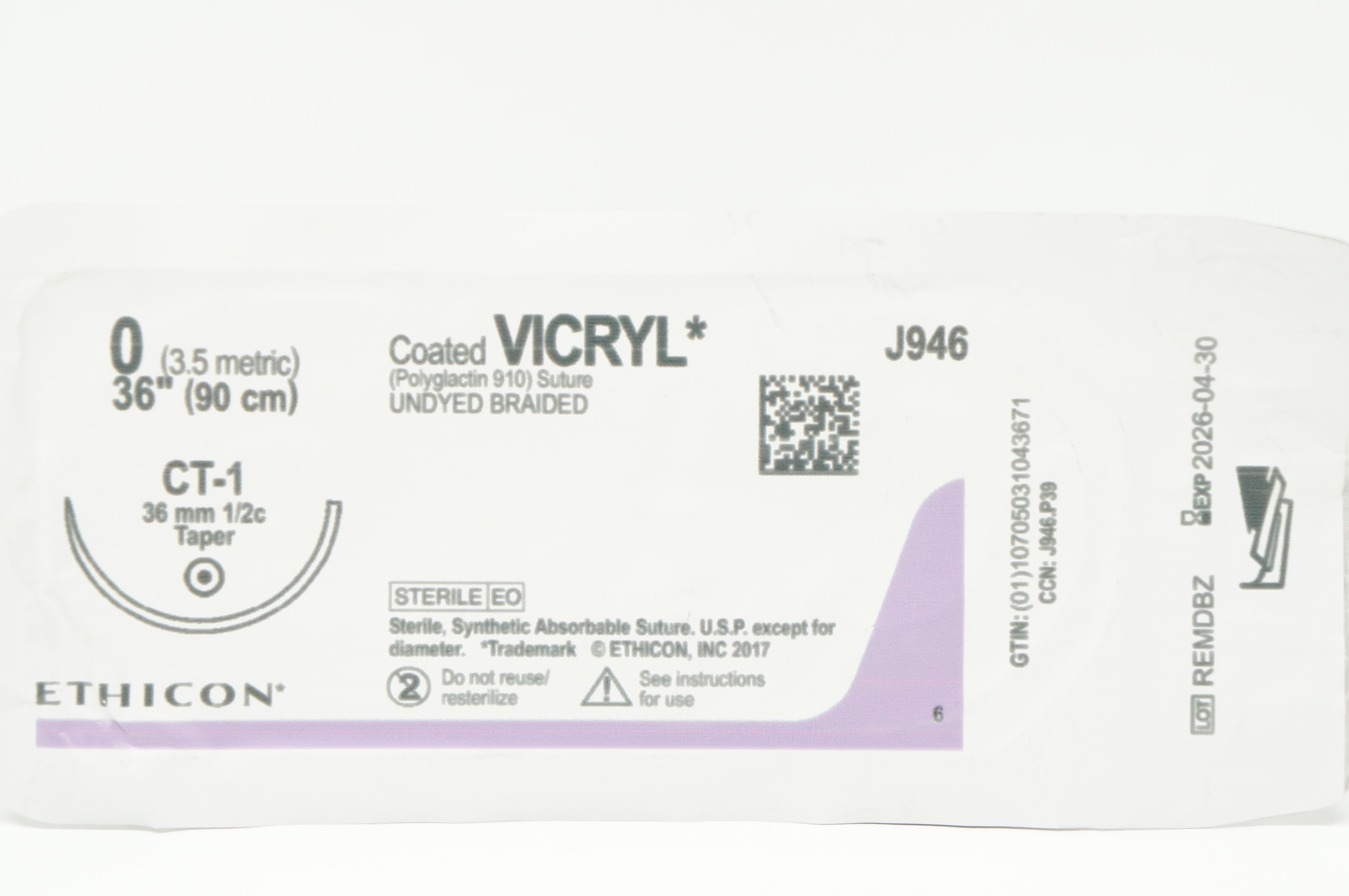 Ethicon J946H 0 VICRYL Stre Undyed Braided CT-1 36mm 1/2c Taper, 36inch