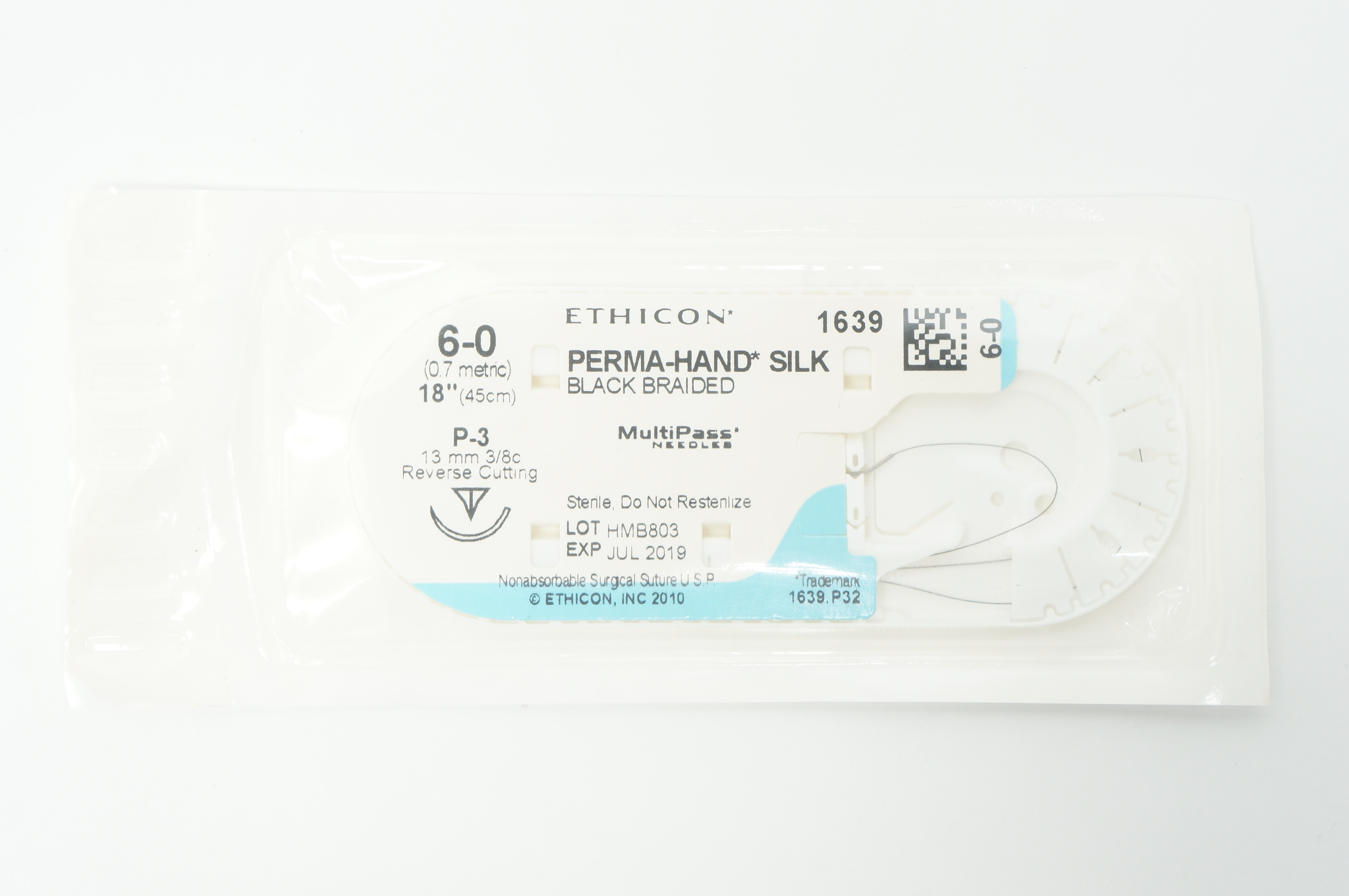 Ethicon 1639 6-0 PERMA-HAND SILK, P-3, 13mm 3/8c Reverse Cutting, 18inch (x)