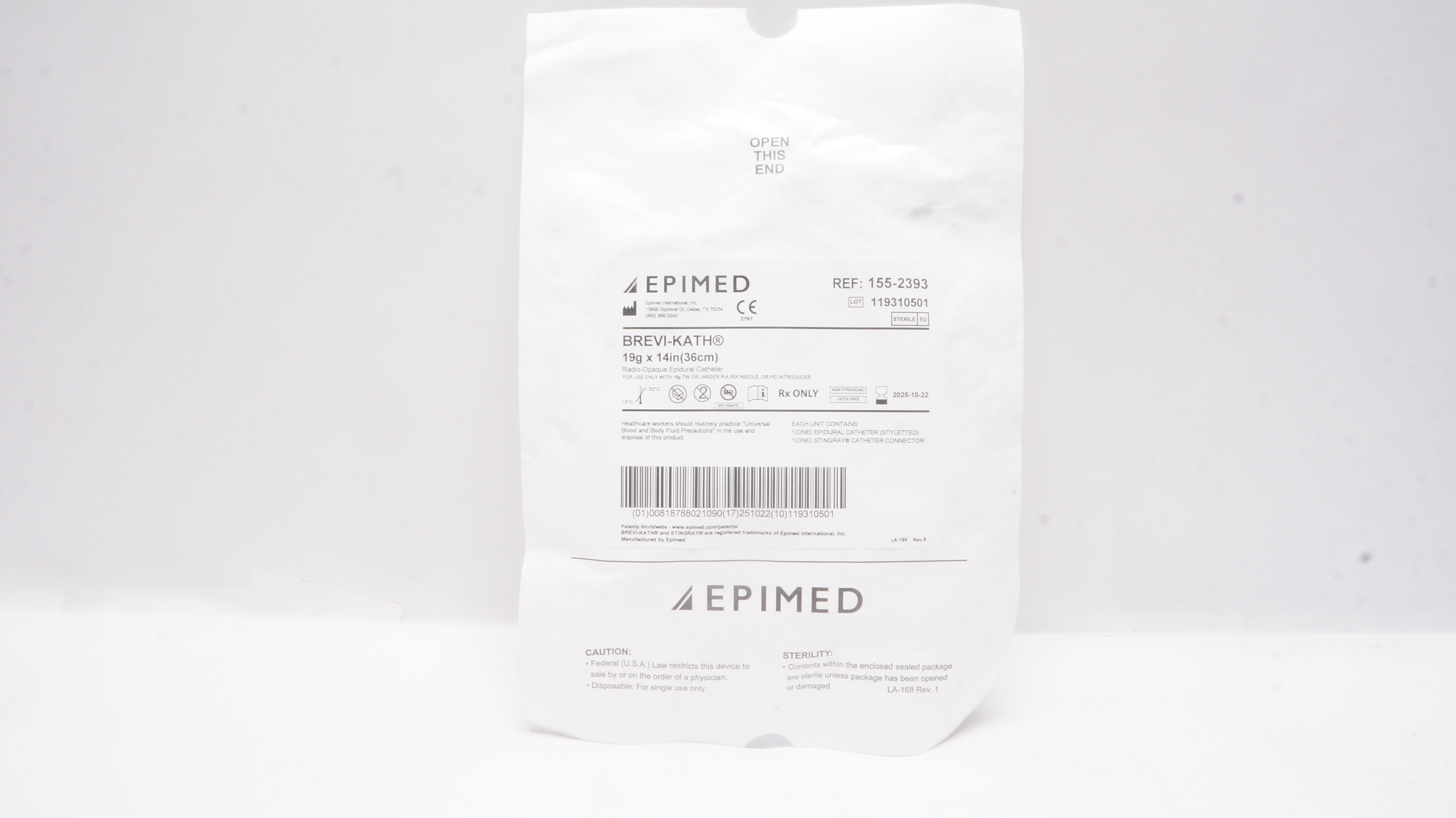 Epimed 155-2393 BREVI-KATH Radio-Onaqu Epidural Cath. 19g × 14In