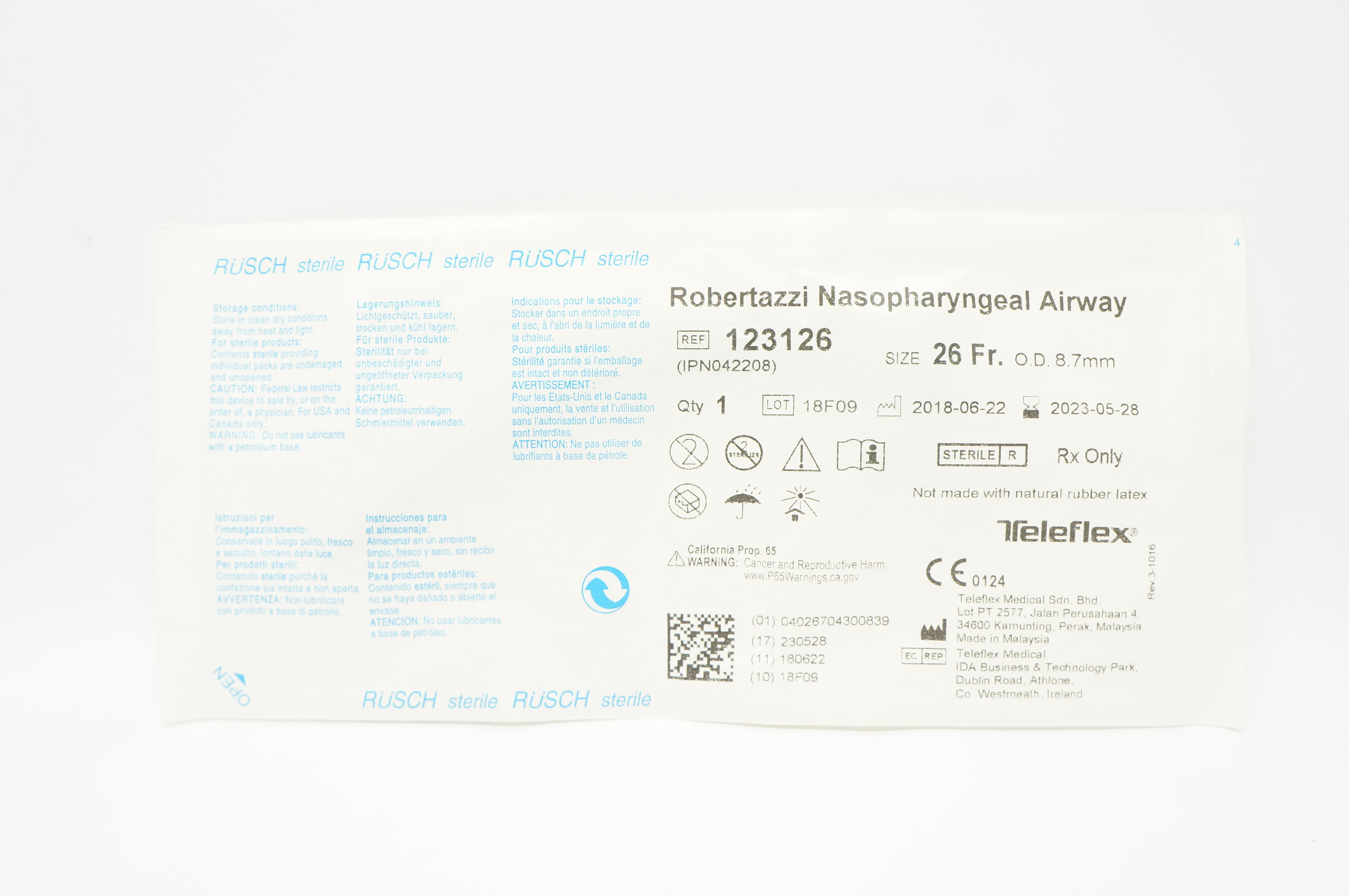Teleflex 123126 Rusch Robertazzi Nasopharyngeal Airway 26Fr x 8.7mm O.D.
