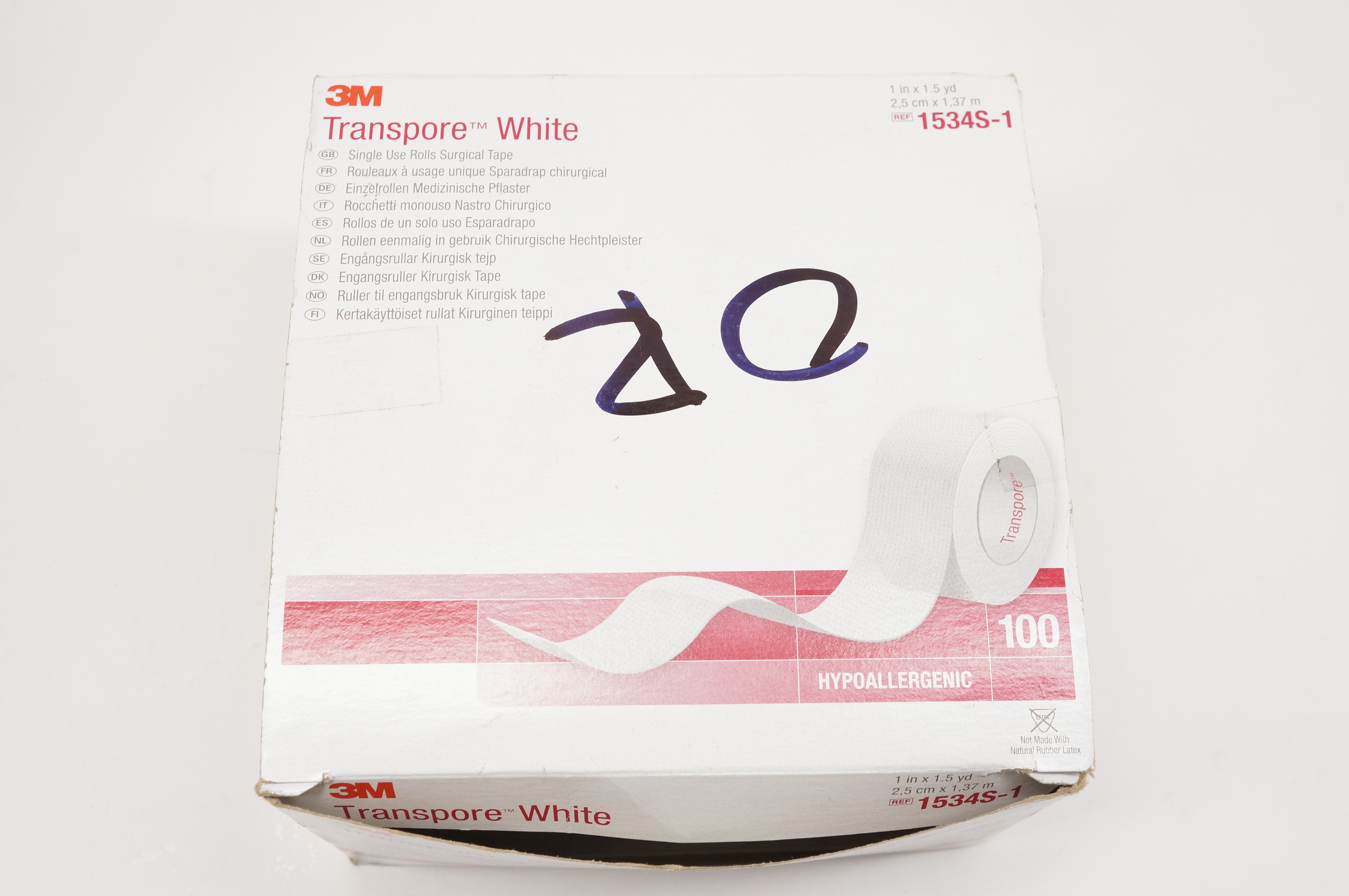 3M 1534S-1 Transpore White Single Use Rolls Surgical Tape 1inchx1.5yd.-Box of 77