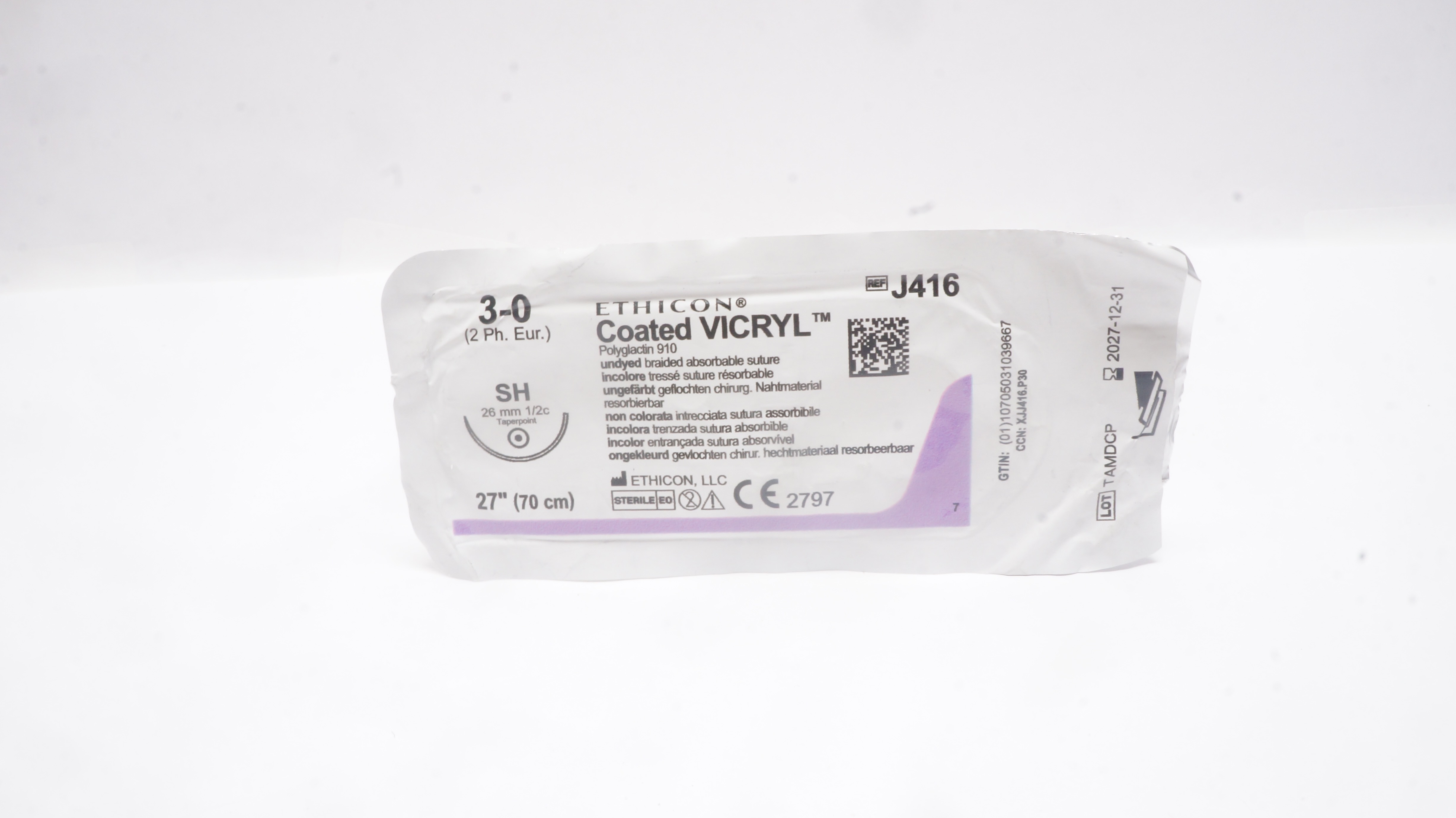 Ethicon J416 3-0 Coated VICRYL Stre, SH 26mm 1/2c Taper, 27inch