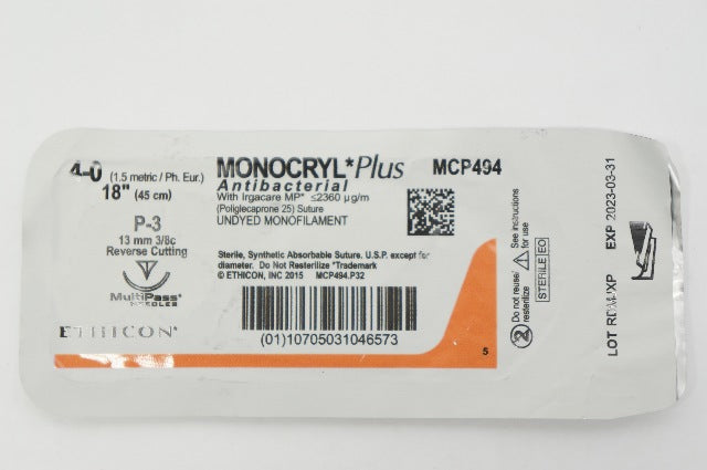 Ethicon MCP494 4-0 MONOCRYL Plus, P-3, 13mm 3/8c Reverse Cutting, 18inch