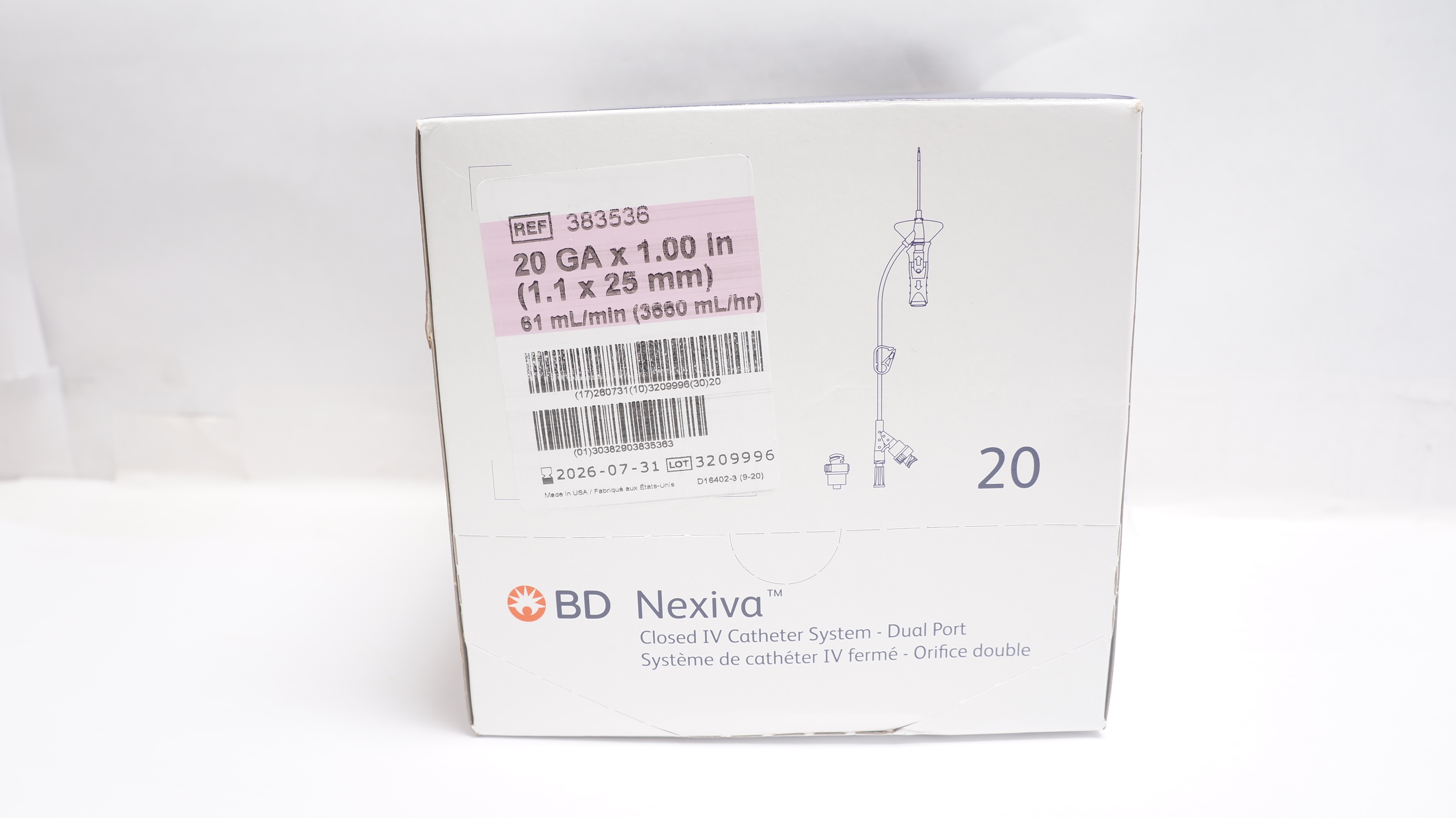 BD 383536 Nexiva Closed IV Cath. System 20Ga x 1.00inch 61mL/min - Box of 20