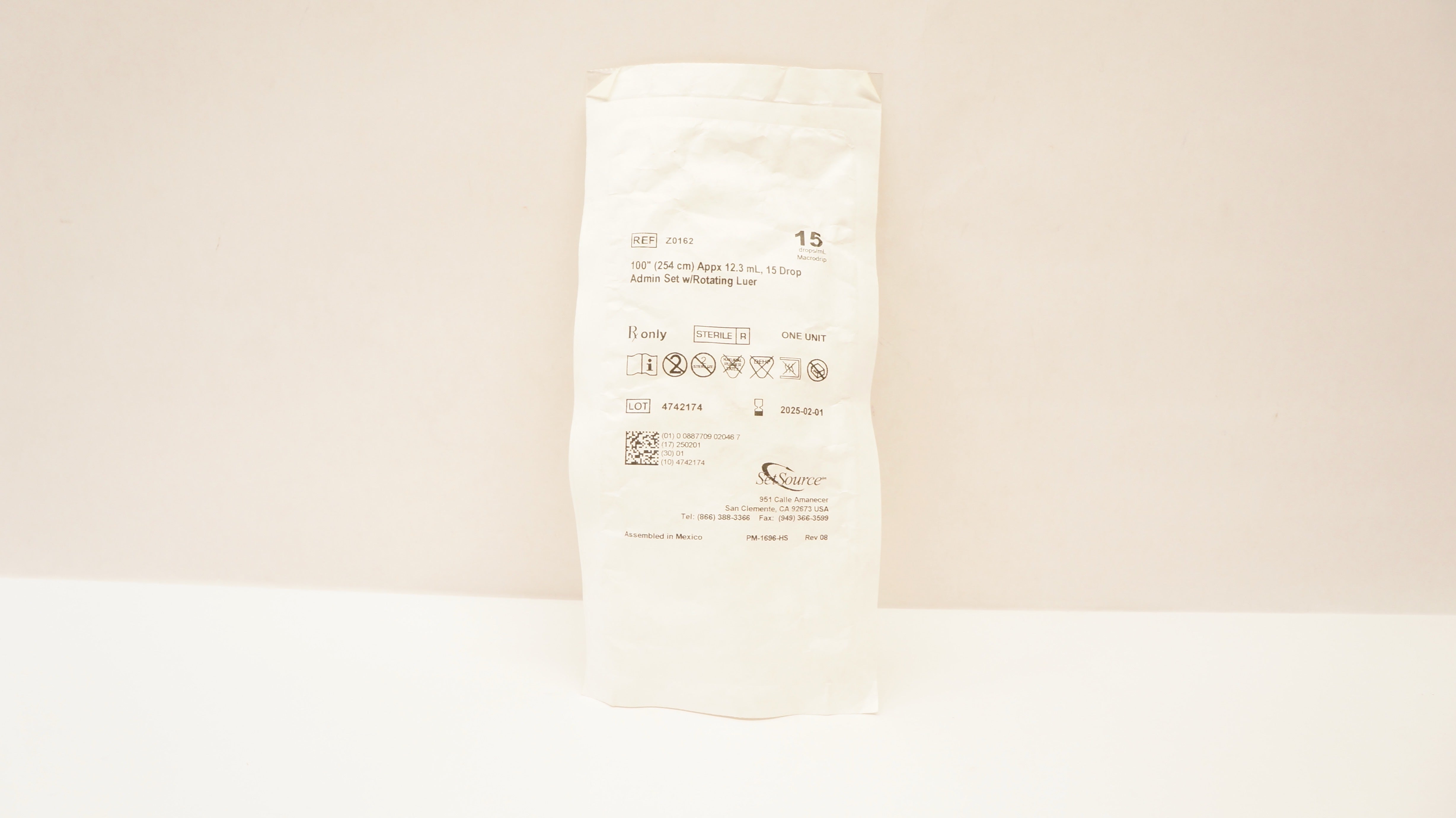 SetSource Z0162 Administration Set w/Luer 100inch x 12.3ml Appx. 15Drop/mL