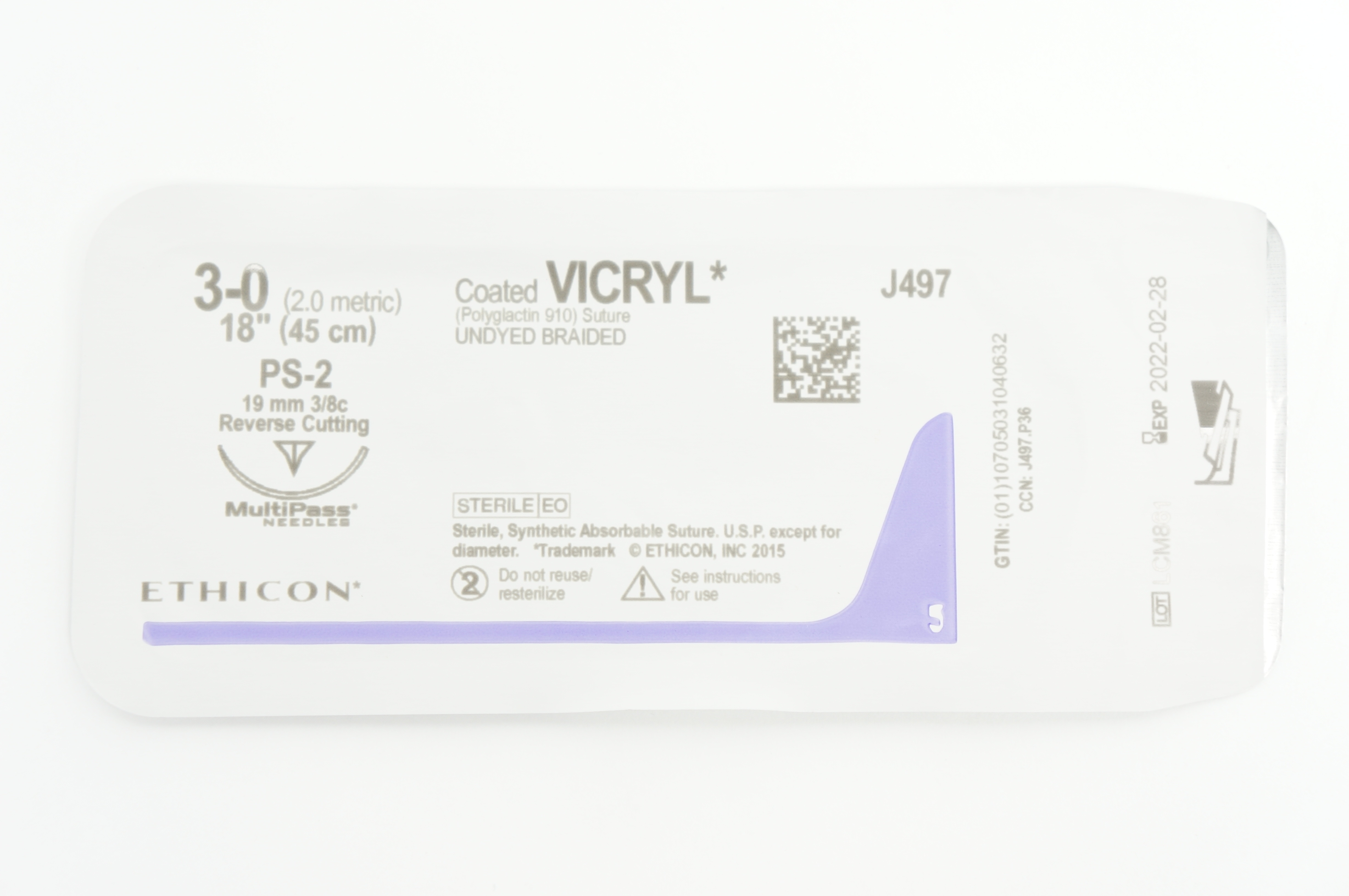 Ethicon J497 3-0 VICRYL Undyed Braided PS-2 19mm 3/8c 18 inch