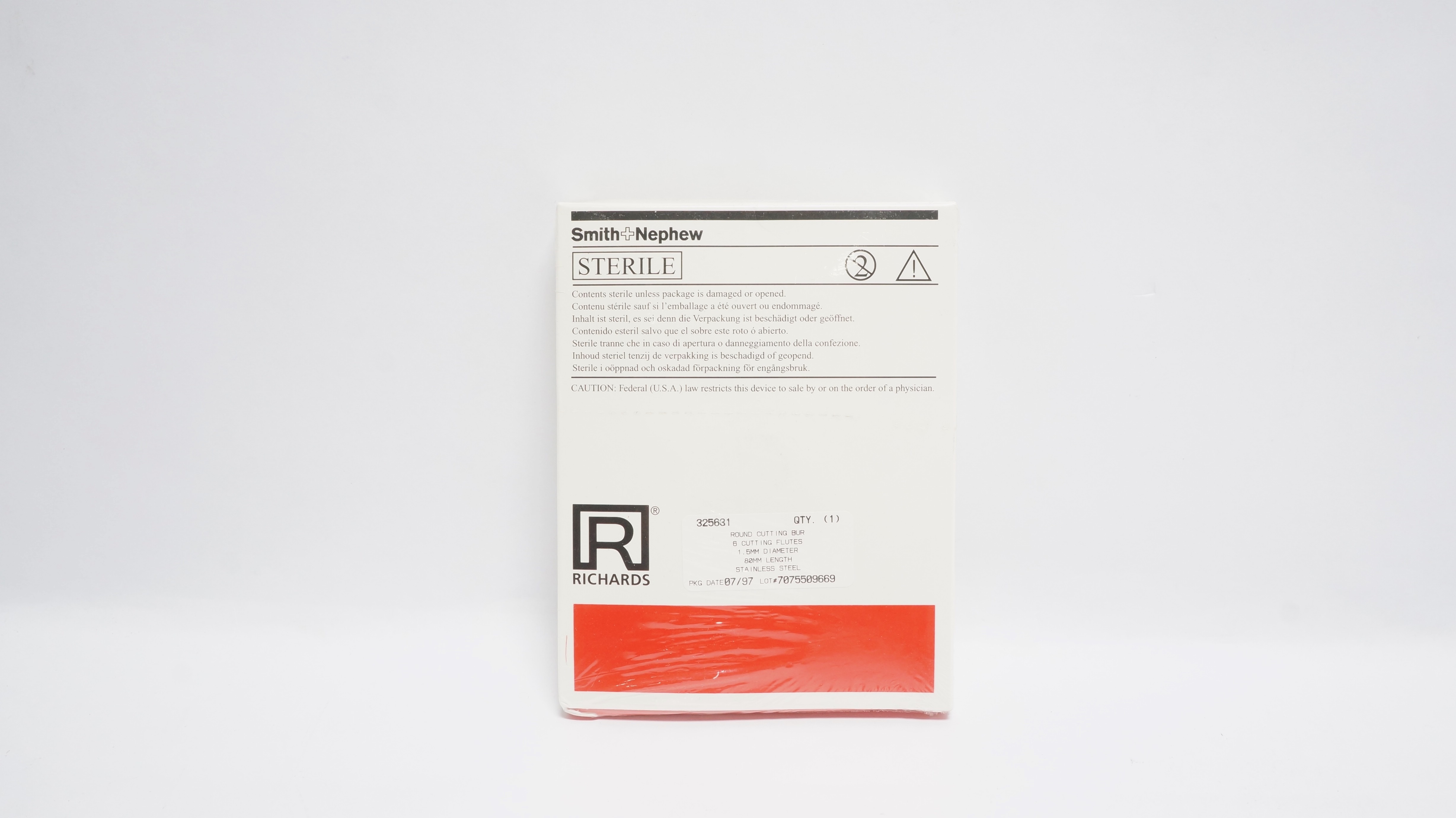 Smith&Nephew 325631 Richards Round Cutting Bur  6 Cutting Flutes, 1.5mm x 80mm