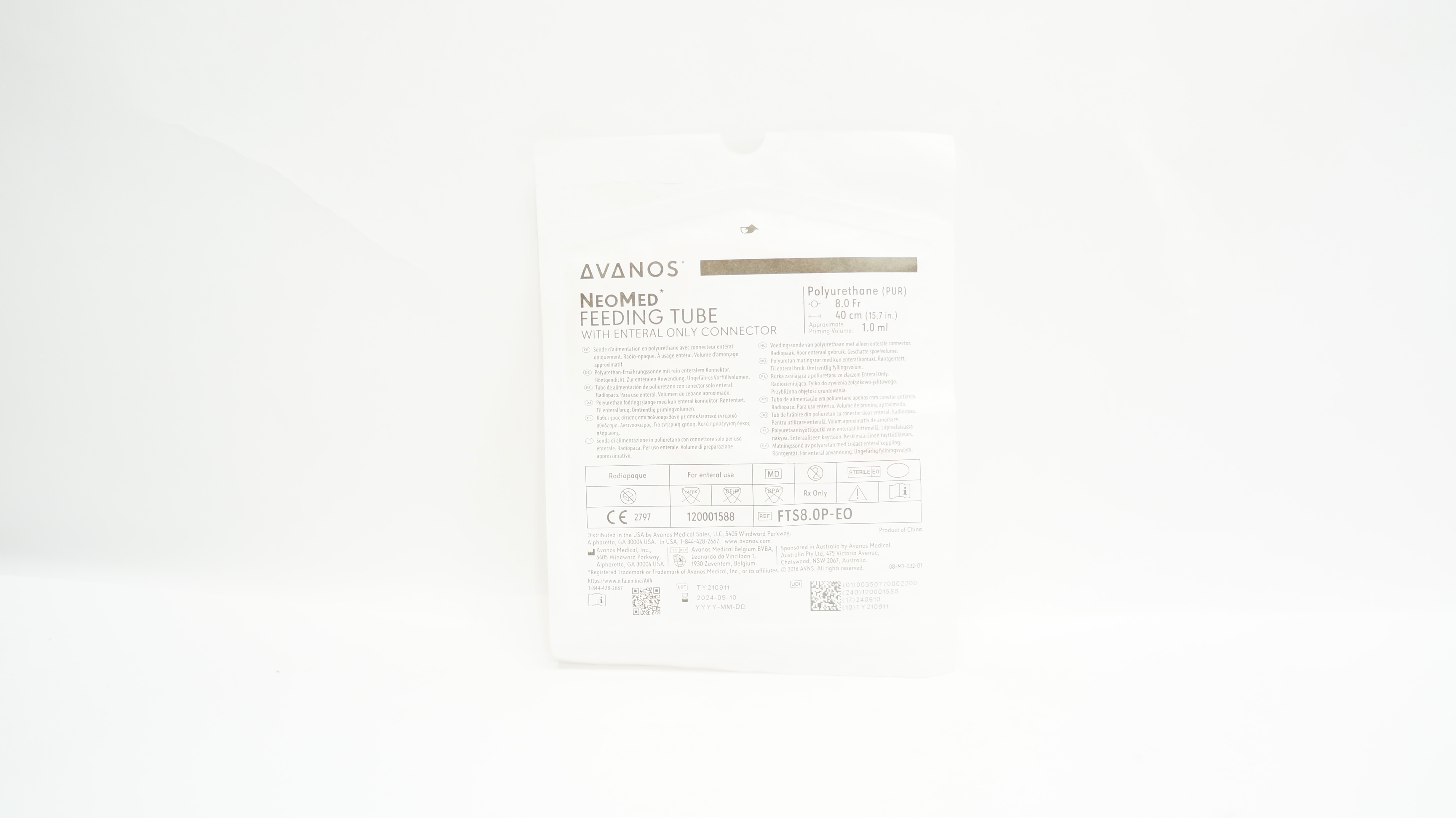Avanos FTS8.0P-EO NeoMed Feeding Tube w/Connector 8.0Fr x 15.7inch x 1.0cml
