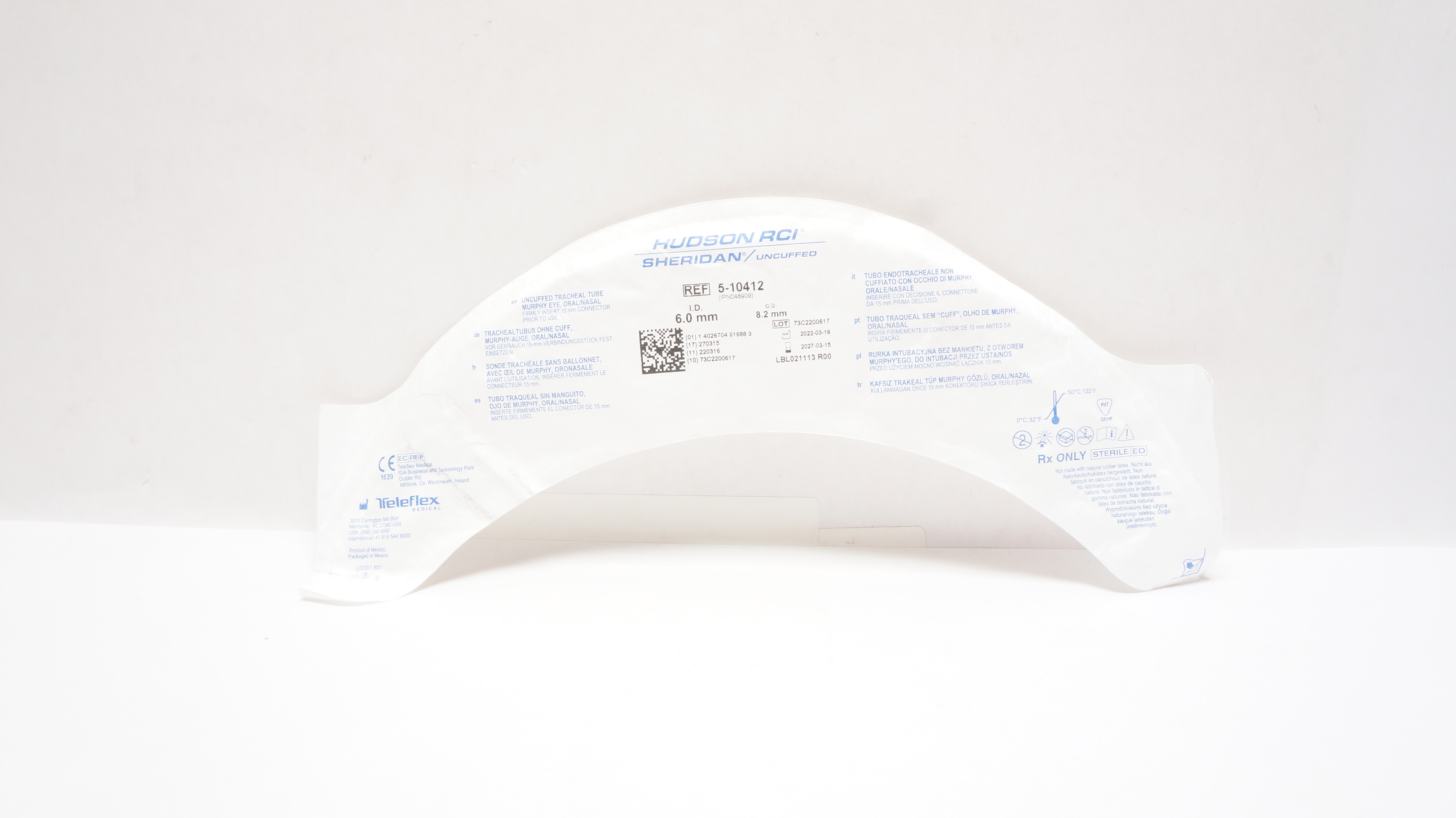 Teleflex 5-10412 Hudson RCI Sheridan Uncuffed Tracheal Tube 6.0 ID x 8.2mm OD