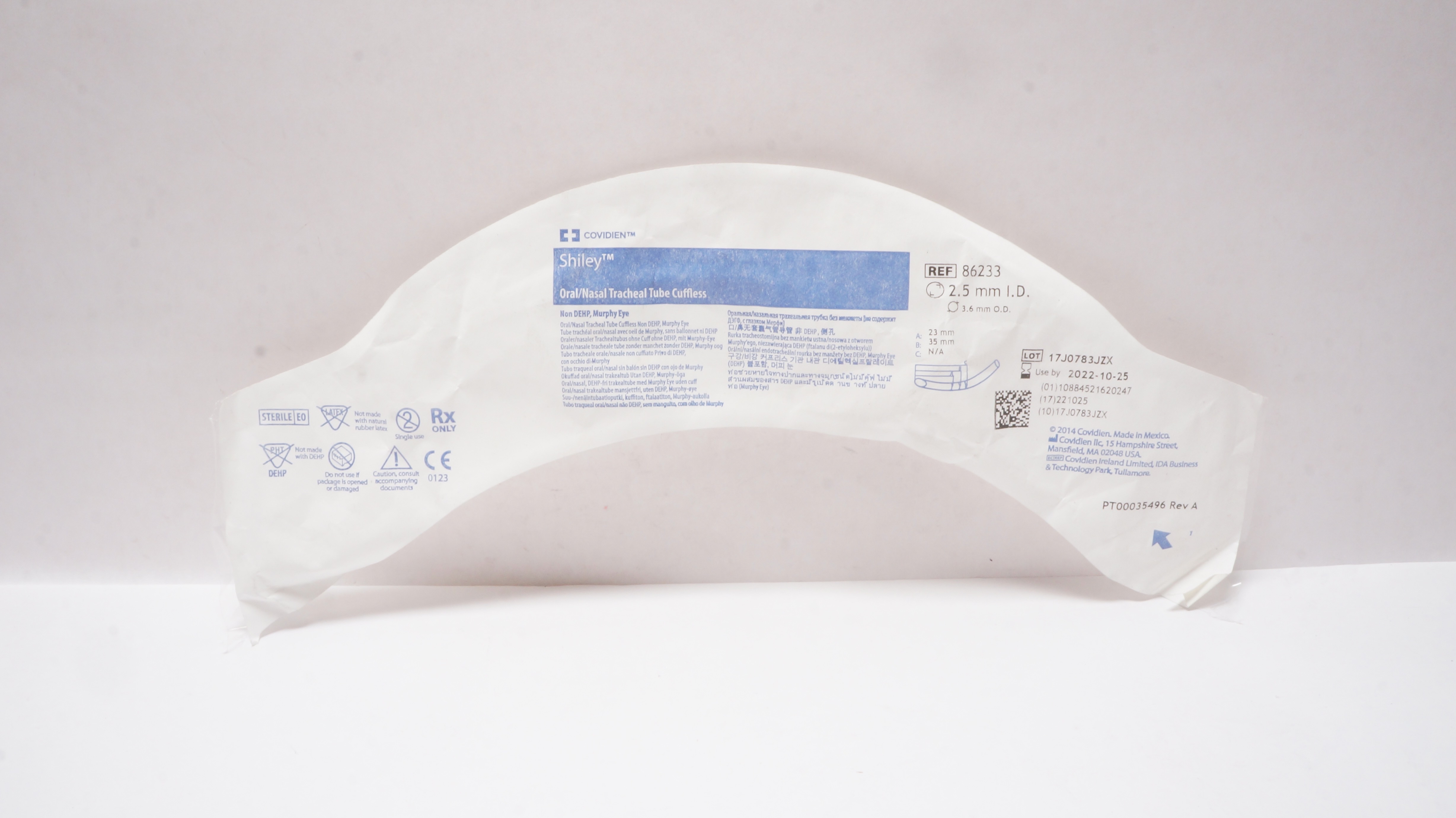 Covidien 86233 Shiley Oral/Nasal Tracheal Tube Cuffless 2.5mm ID x 3.6mm OD (x)