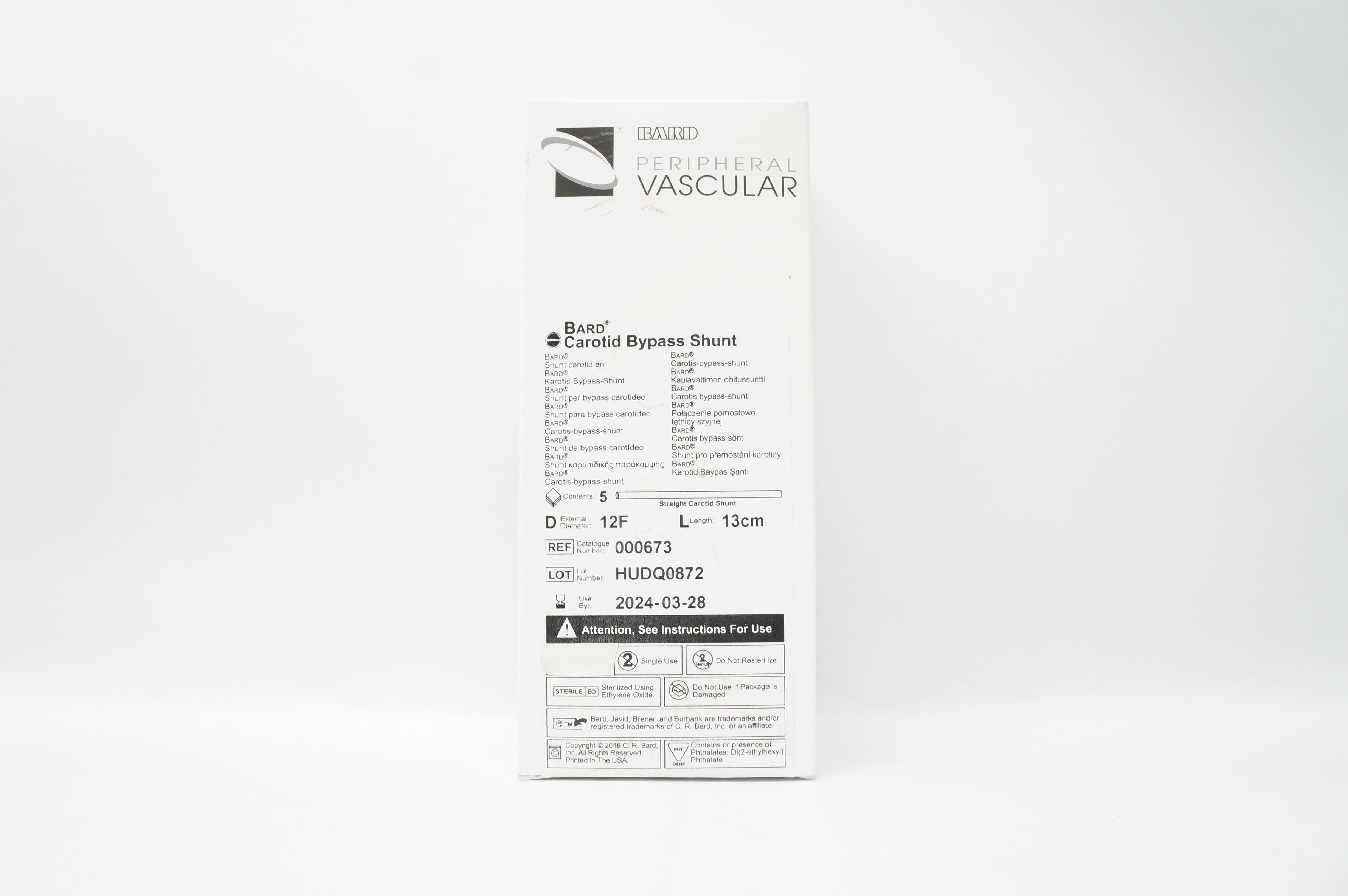 Bard 000673 Carotid Bypass Shunt, Diam. 12F, Length 13cm - Box of 5