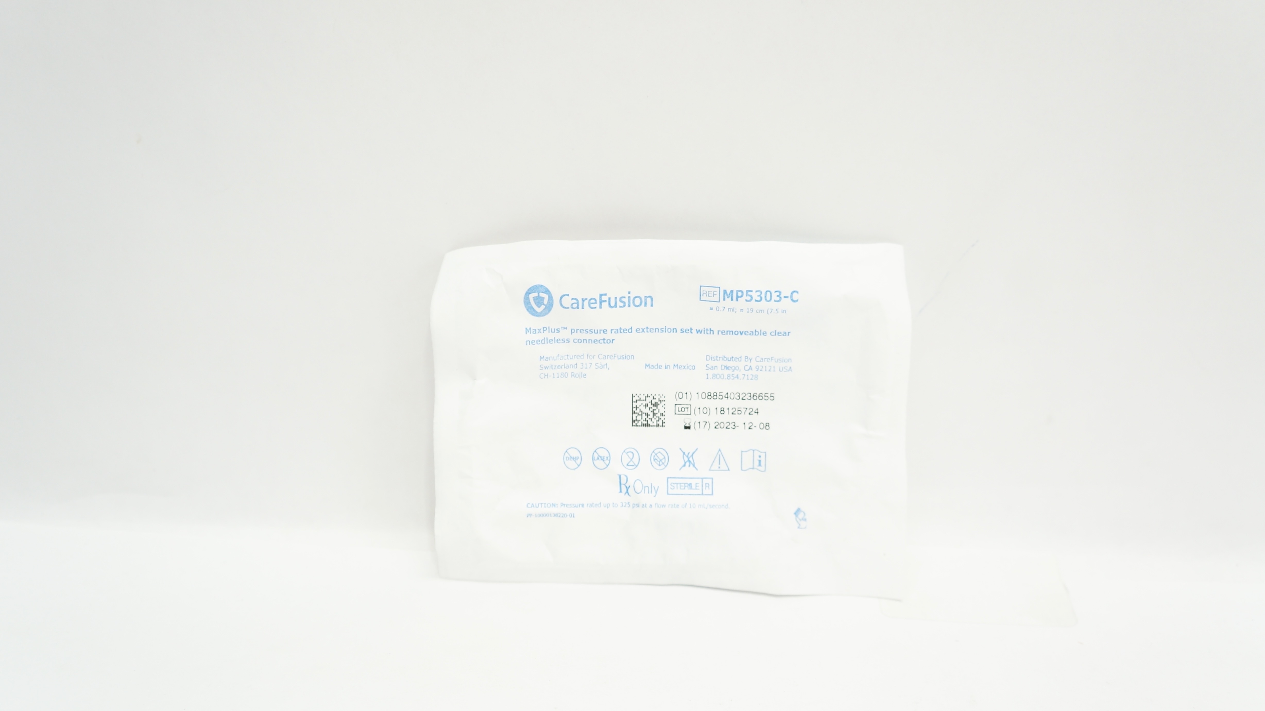 CareFusion MP5303-C MaxPlus Pressure Rated Extension Set W/Connector 0.7ml,7.5In