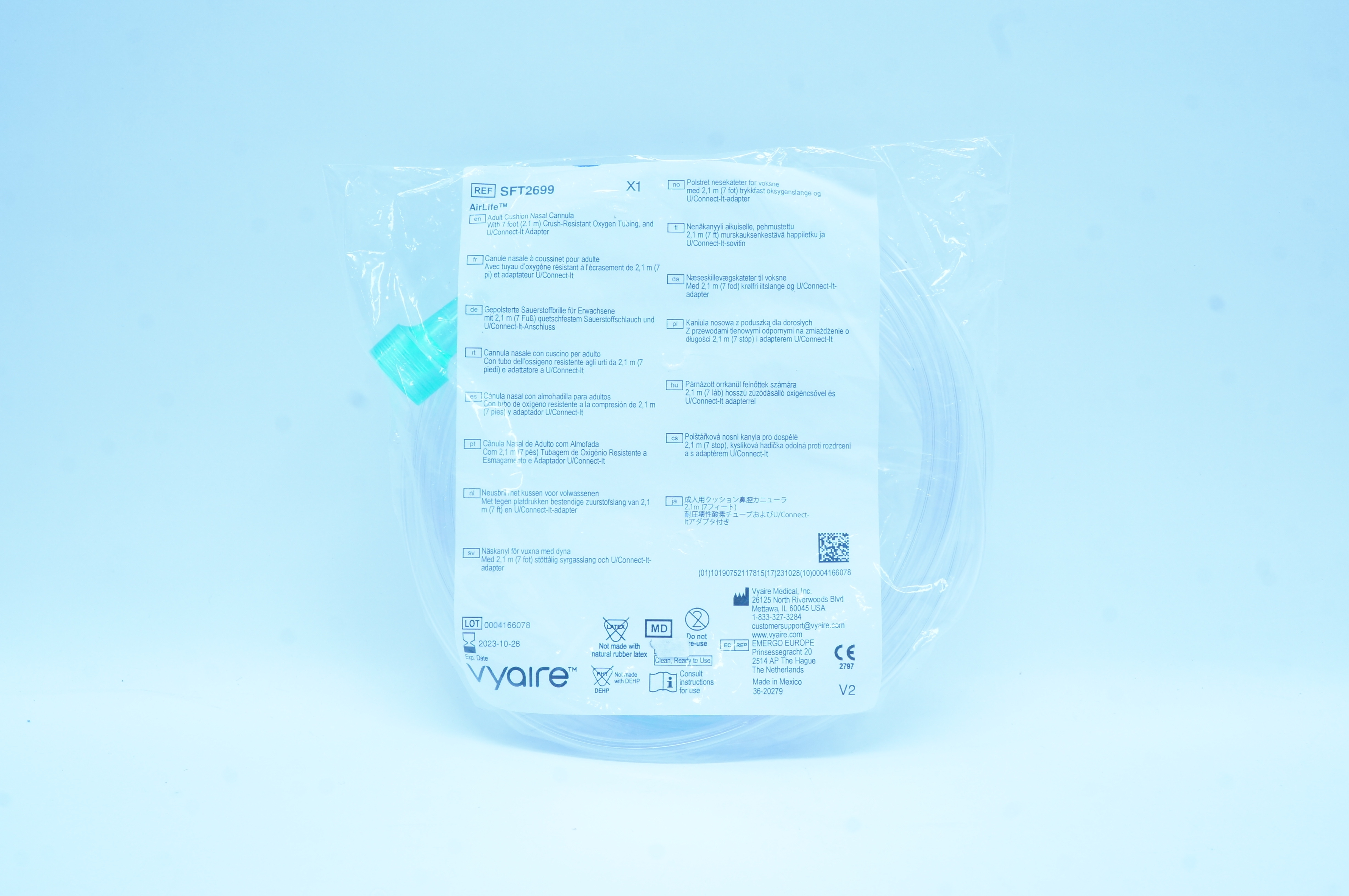 Vyaire SFT2699 AirLife Adult Cushion Nasal Cannula With 7 Foot Tubing & Adapter