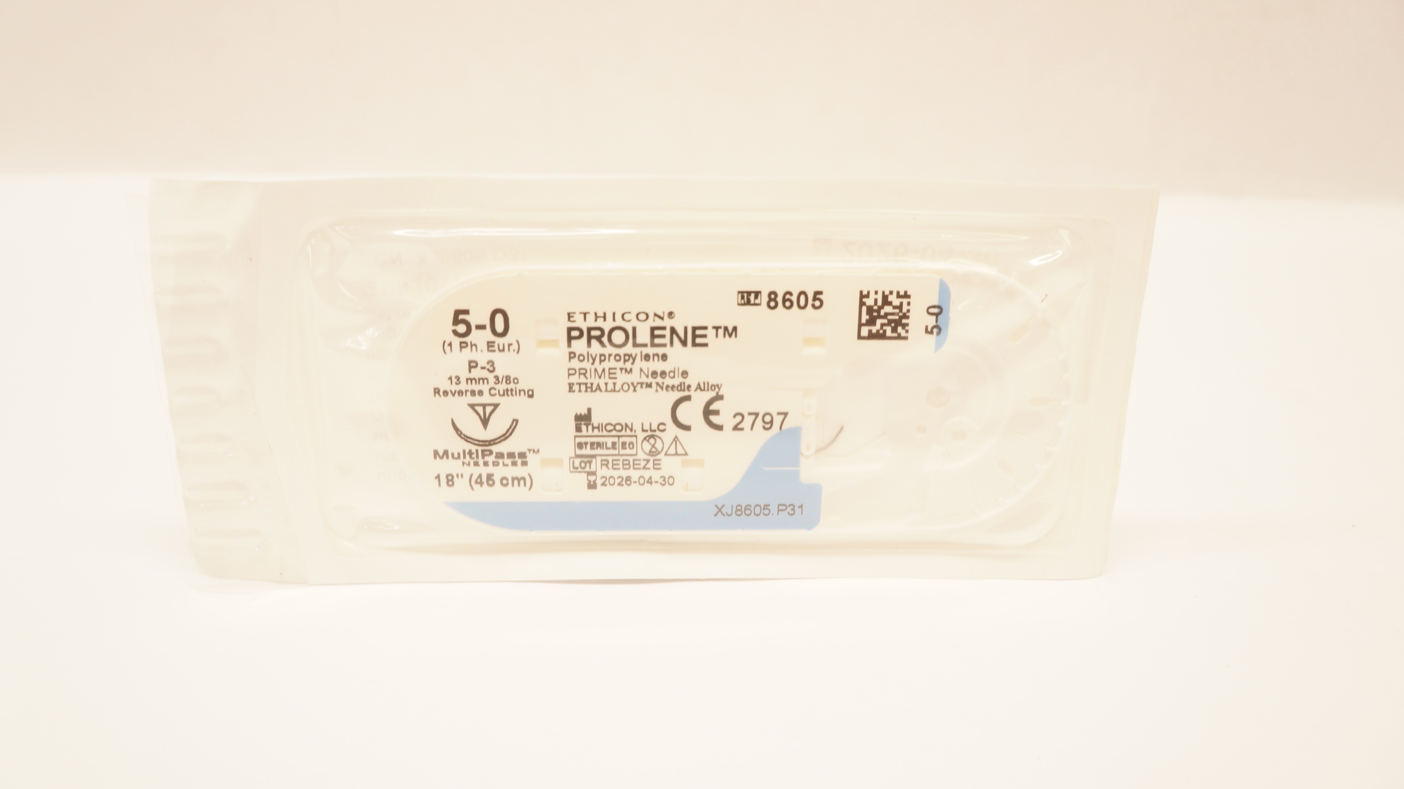 Ethicon 8605 5-0 PROLENE, P-3, 13mm 3/8c Reverse Cutting, 18inch