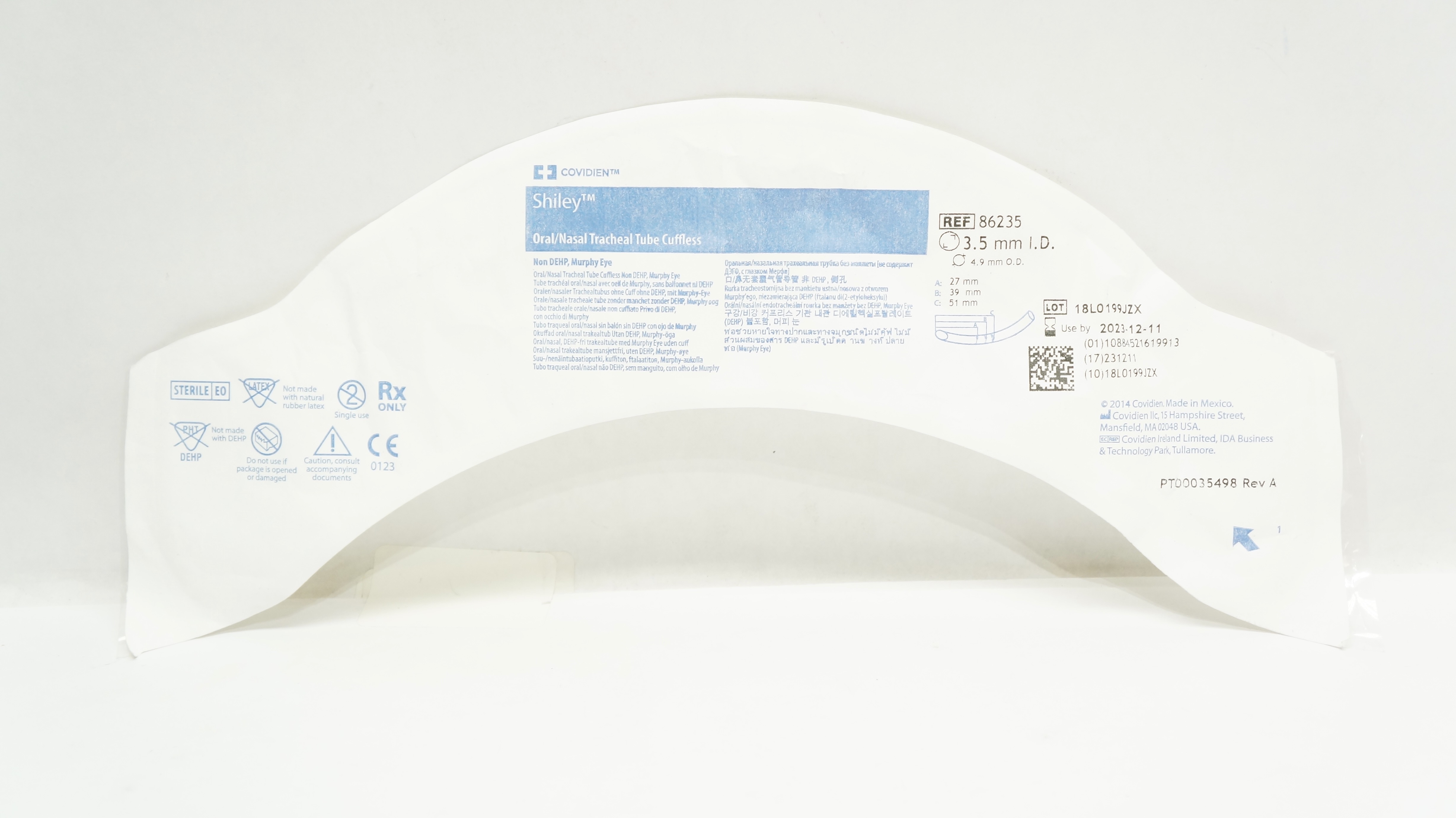 Covidien 86235 Shiley Oral/Nasal Tracheal Tube Cuffless 3.5mm ID x 4.9mm OD (x)
