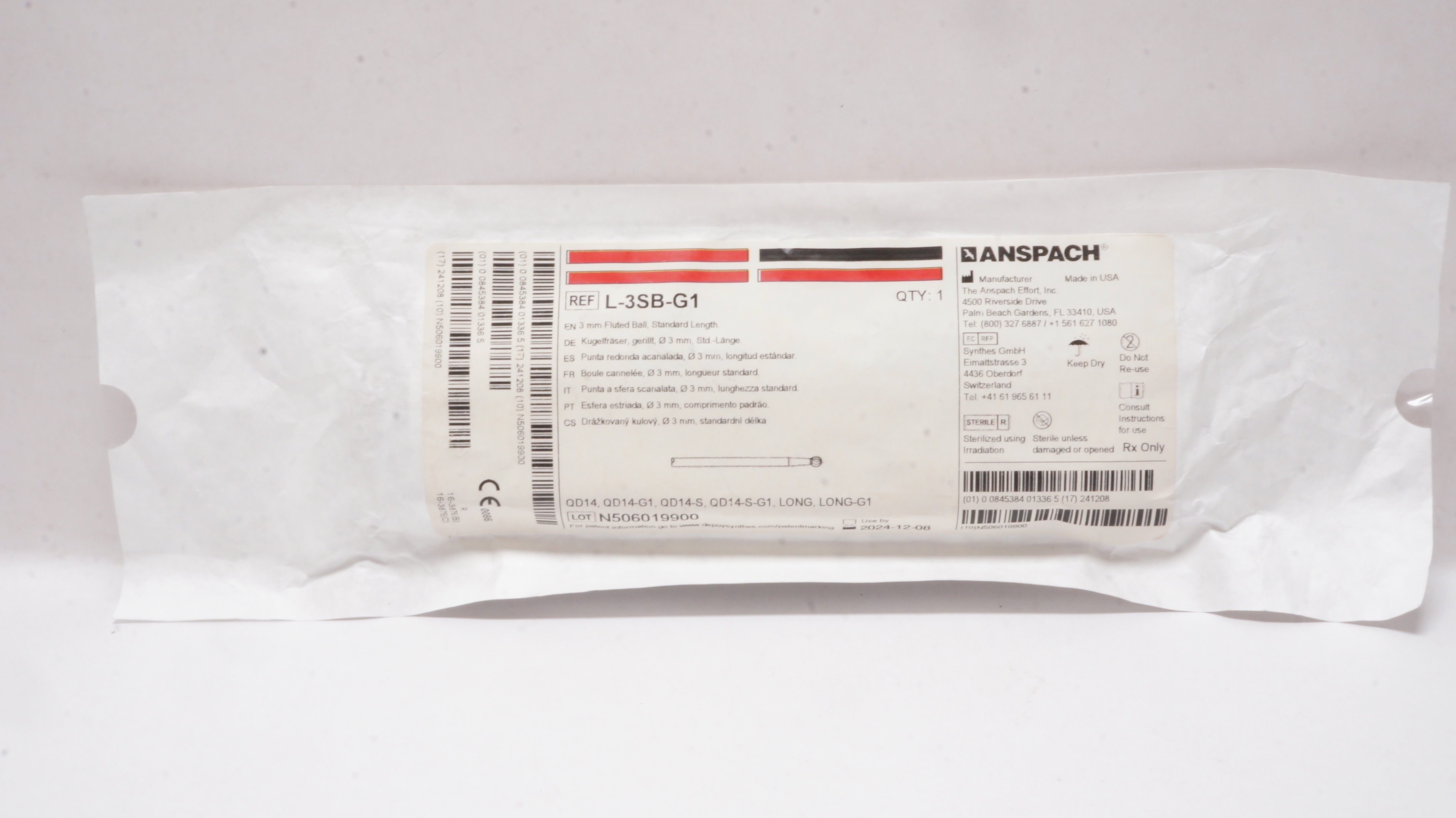 Anspach L-3SB-G1 Fluted Ball, Standard Length 3mm