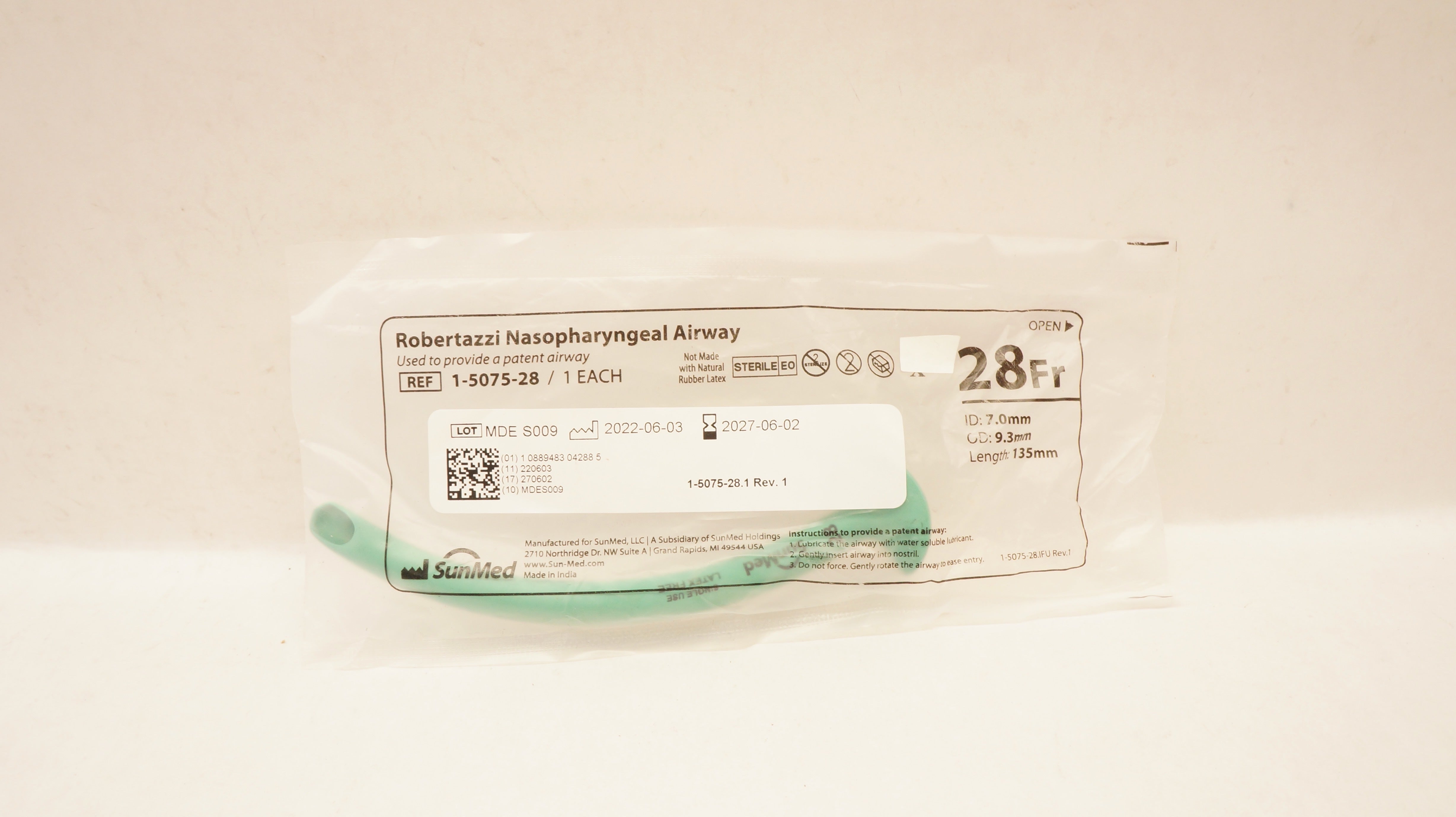 SunMed 1-5075-28 Robertazzi Nasopharyngeal Airway 28Fr x 7.0mm ID x 9.3mm OD