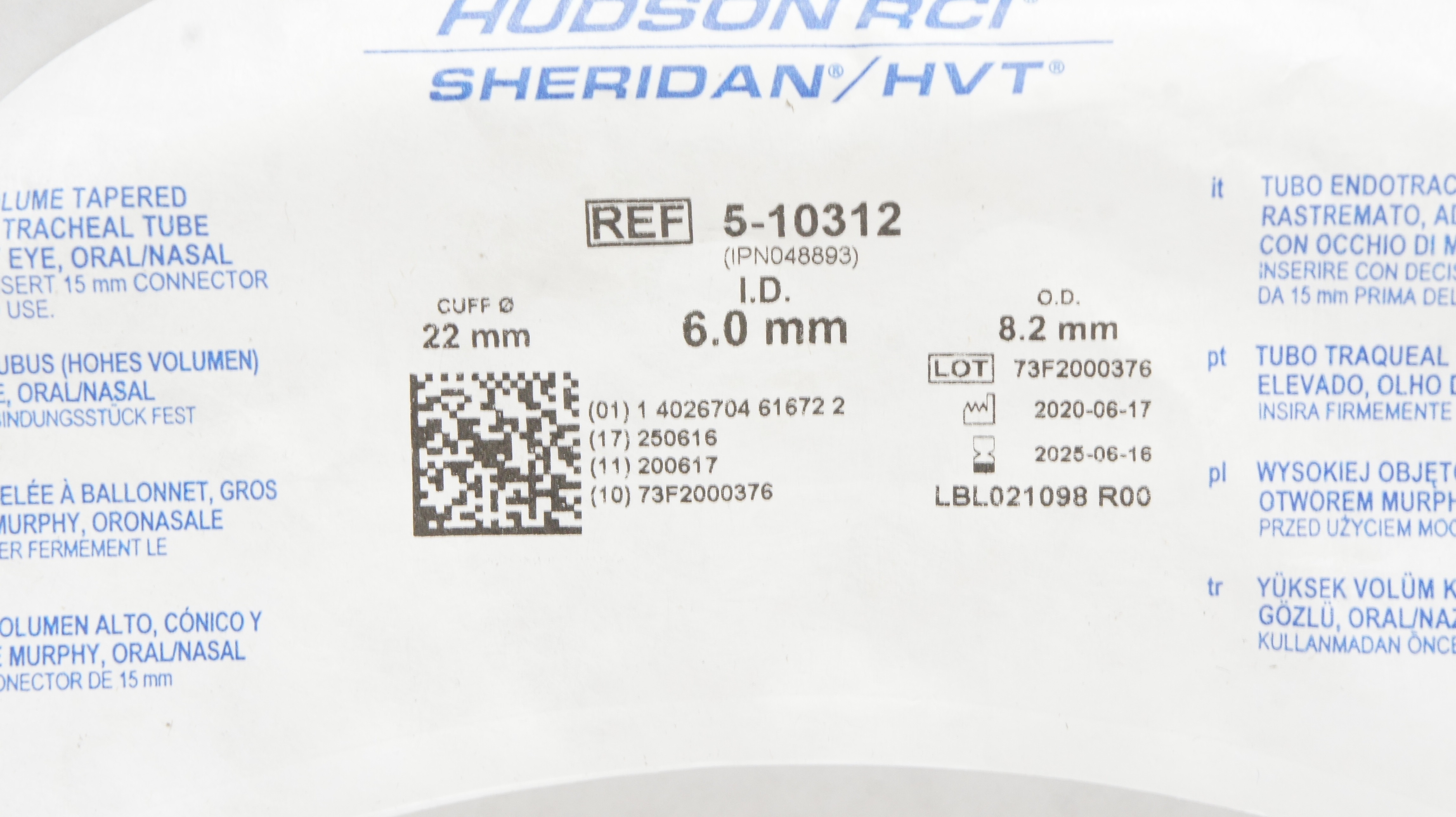 Teleflex 5-10312 Hudson RCI Sheridan Cuffed Tracheal Tube 6.0ID x 8.2OD x 22mm