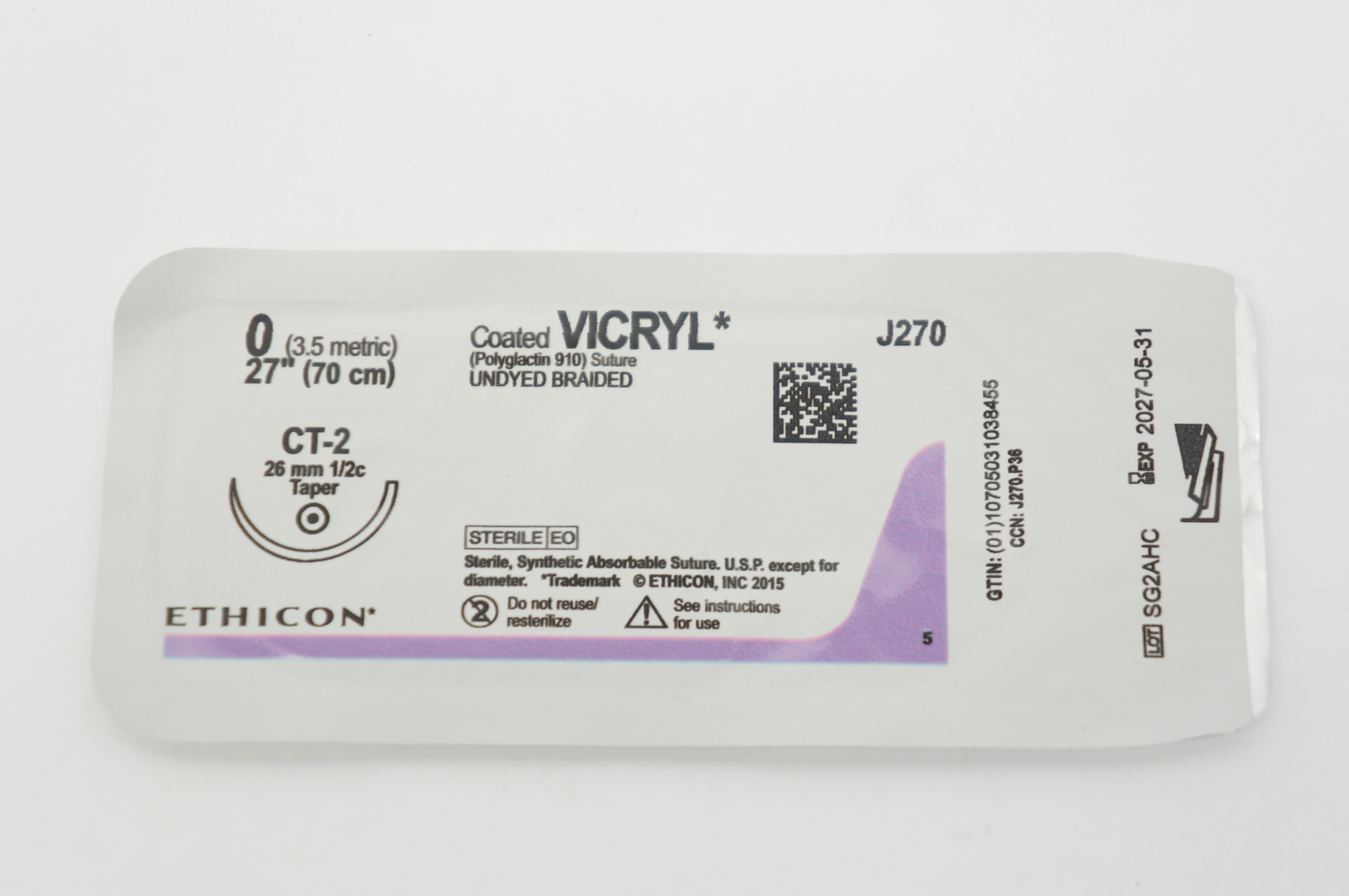 Ethicon J270 0 Coated VICRYL, CT-2, 26mm 1/2c Taper, 27inch
