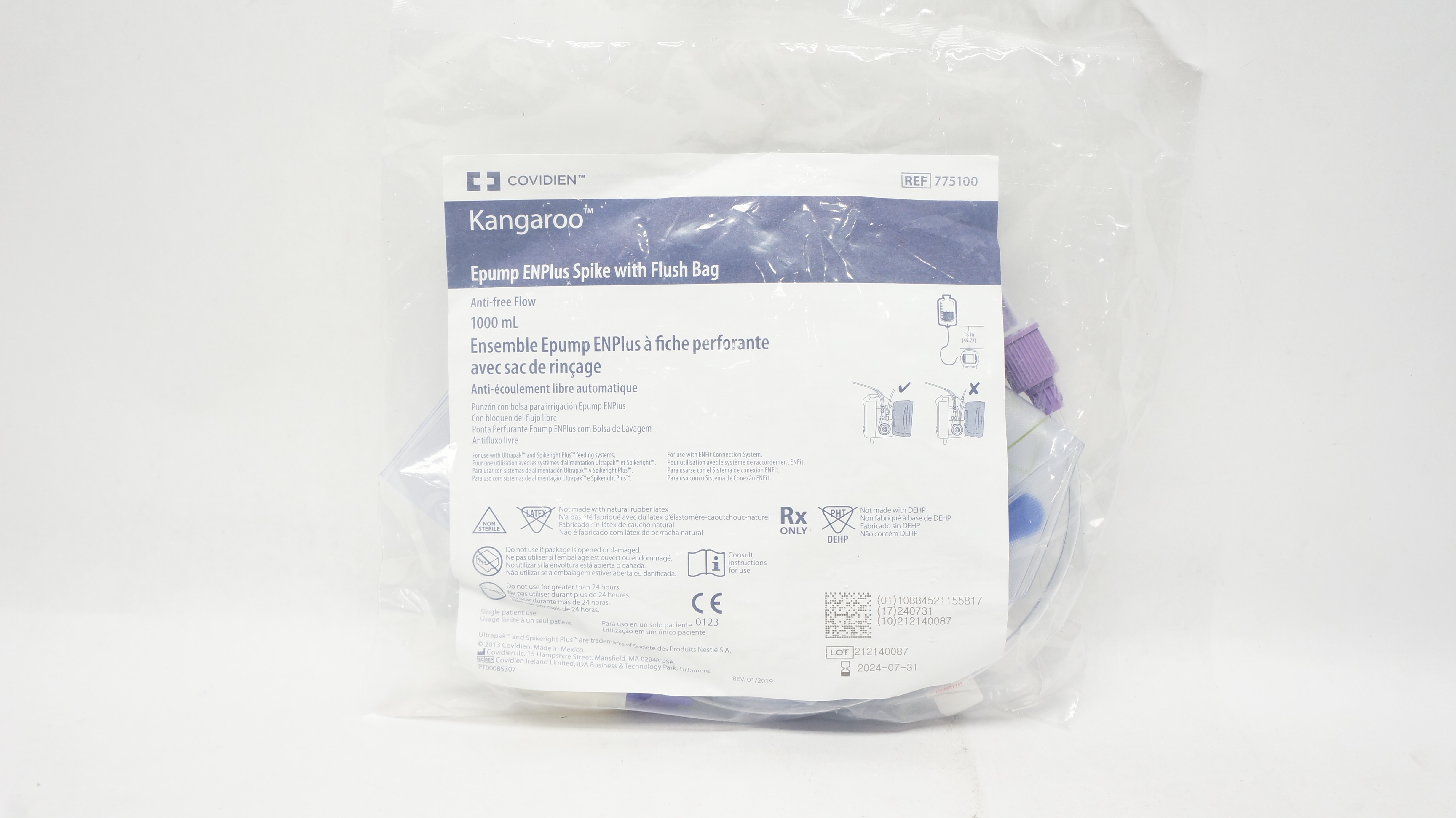 Covidien 775100 Kangaroo Epump ENPlus Spike with Flush Bag Anti-free Flow 1000mL
