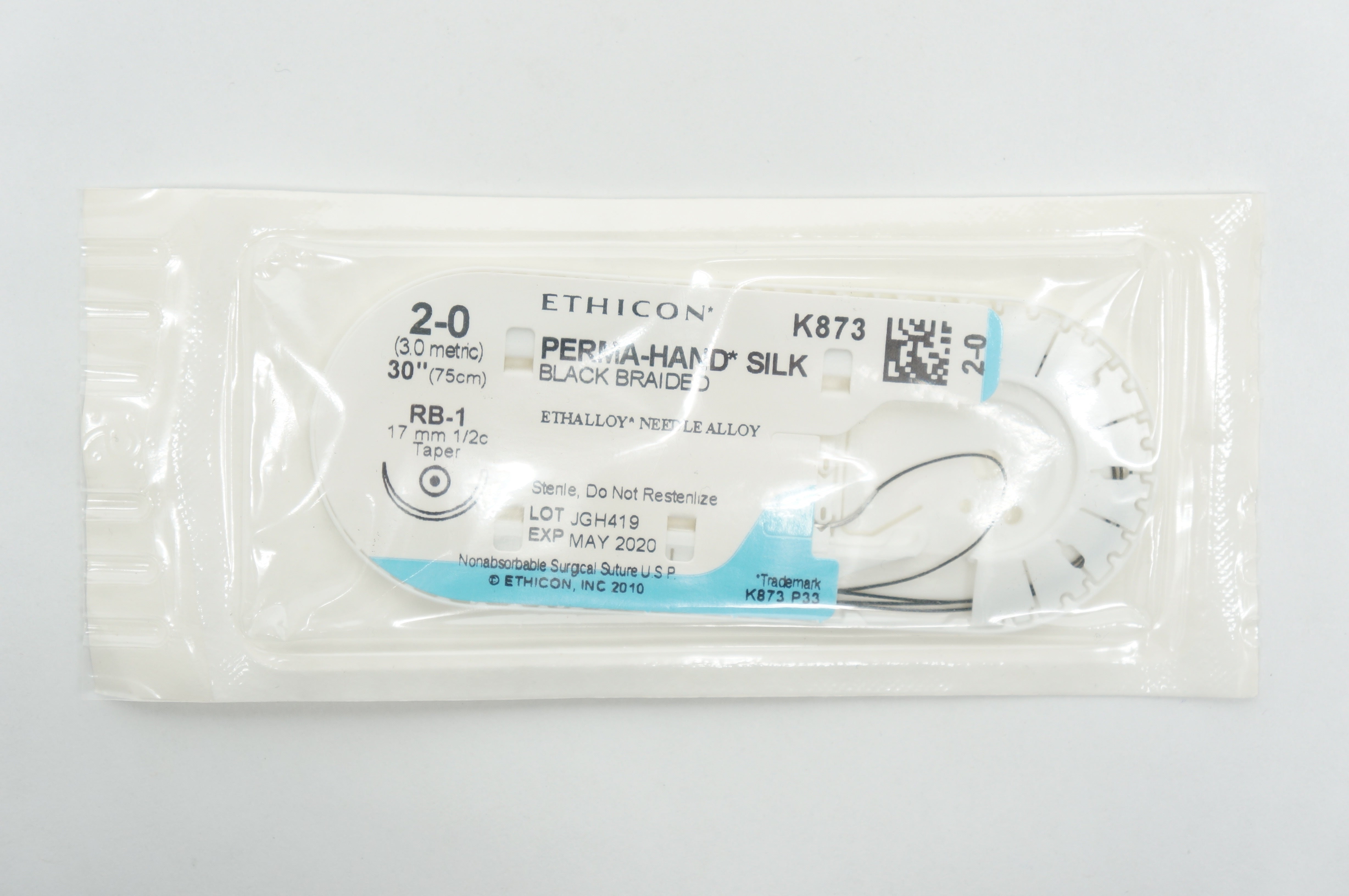 Ethicon K873 2-0 PERMA-HAND SILK, RB-1, 17mm 1/2c Taper, 30inch (x)