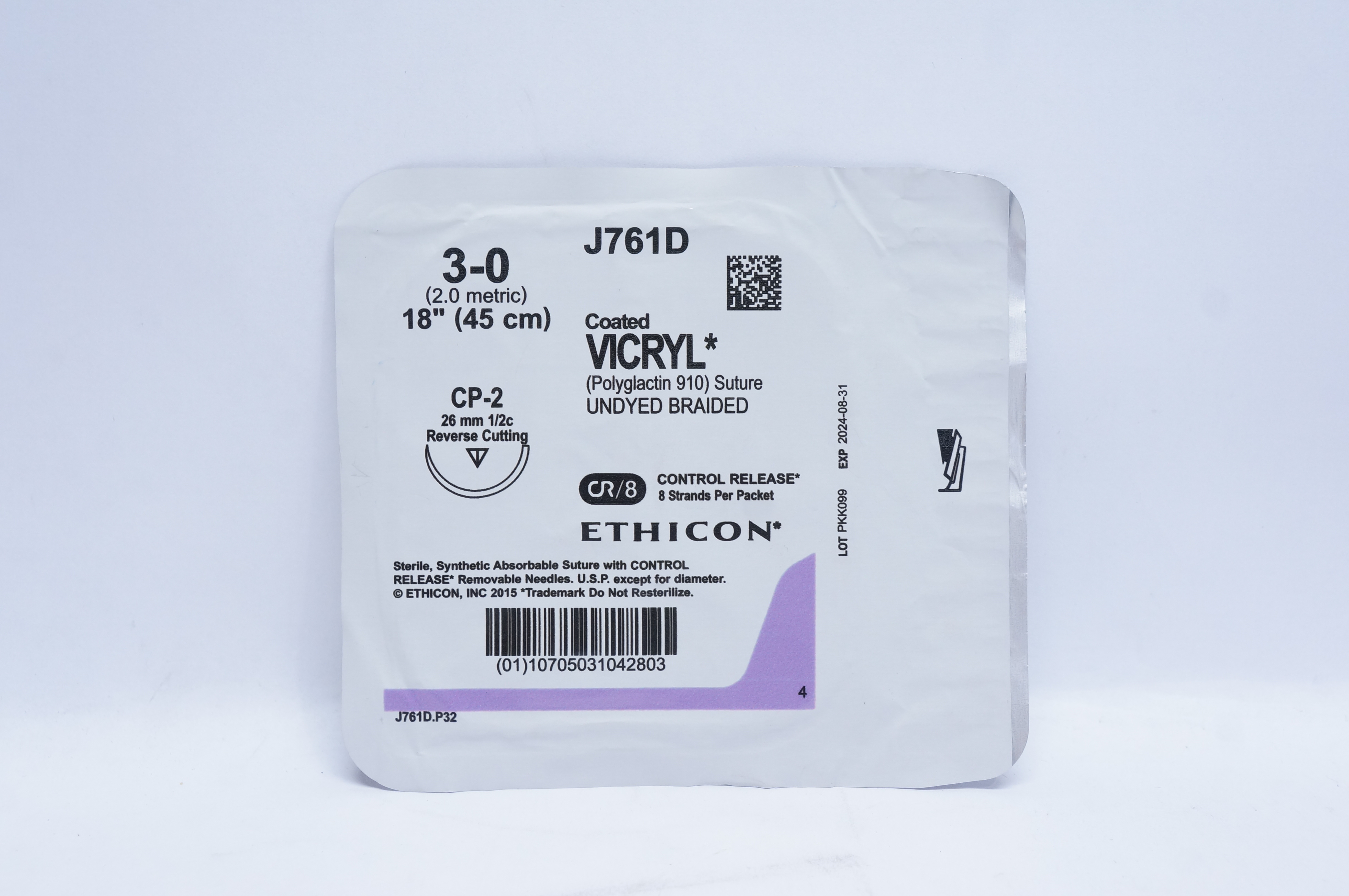 Ethicon J761D 3-0 VICRYL, CP-2, 26mm 1/2c Reverse Cutting, 18inch
