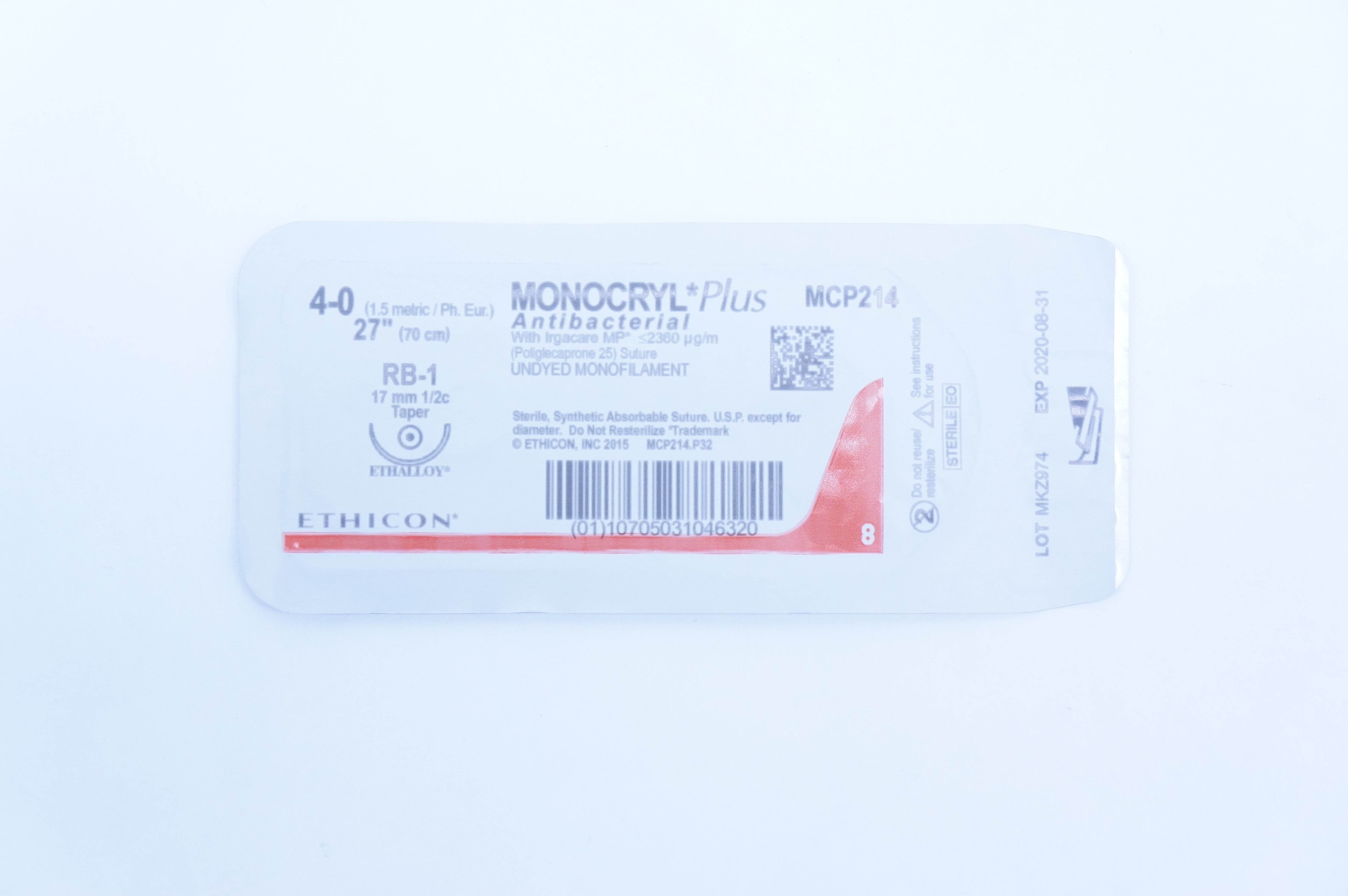 Ethicon MCP214 4-0 Monocryl Plus RB-1 17mm 1/2c Taper Ethalloy 27 inch (x)