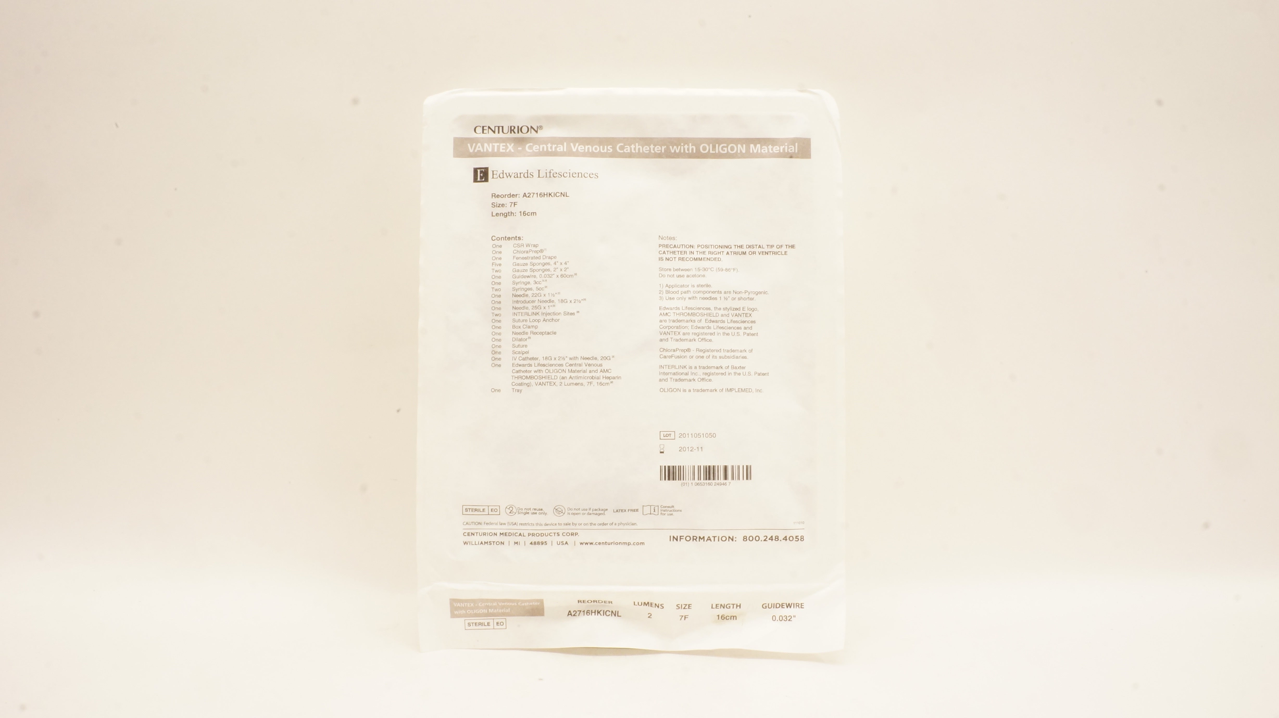 Edwards Lifesciences A2716HKICNL Central Venous Catheter with Oligon Material(x)